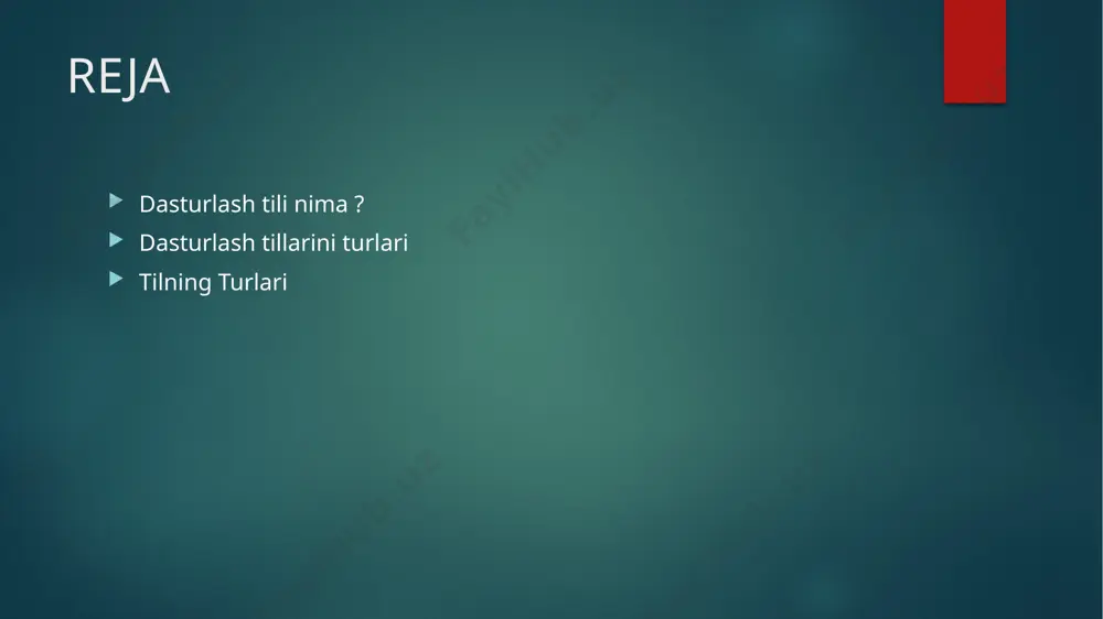 zahoti xabar beradi. interpretatsiya jarayoni kompilyatsiya jarayonidan sekinroq bo’ladi. kompilyator kompilyatsiyadan keyin barcha xatolarni ko'rsatadi, interpreter har bir qatorning xatolarini birma-bir ko'rsatadi. interpretatsiya qilinadigan dasturlash tillariga quyidagilar misol : interpreter . dasturlash tillarini turlari dasturlash tillari 5 ta kriteriya bo’yicha turlanadi: maqsad (purpose) yozish strategiyasi (typing strategy) tarjima qilish usuli (implement action) mavhumlik darajasi (level of abstraction) dasturlash paradigmasi (programming paradigm) tilning turlariga izoh 1. purpose : image6.png image7.png image8.png image9.png image10.png image11.png image12.png image13.png image14.png image15.png image16.png image17.png image18.png image19.png image20.png image21.png image2.png image3.png image4.png image5.png /docprops/thumbnail.jpeg