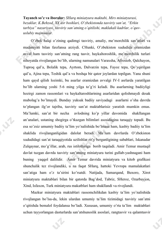 ir. amir temur davrida miniatyura va kitob grafikasi shunchalik tez rivojlandiki, u na faqat sharq, hattoki yevropa mamalakatlari san’atiga ham o’z ta’sirini ko’rsatdi. natijada, samarqand, buxoro, xirot miniatyura maktablari bilan bir qatorda bag’dod, tabriz, sheroz, ozarbayjon, xind, isfaxon, turk miniatyura makatblari ham shakllandi va rivojlandi. mazkur miniatyura maktablari rassomchilikdan kasbiy ta’lim yo’nalishida rivojlangan bo’lsa-da, lekin ulardan umumiy ta’lim tizimidagi tasviriy san’atni o’qitishda bemalol foydalansa bo’ladi. xususan, umumiy o’rta ta’lim maktablari uchun tayyorlangan dasturlarda san’atshunoslik asoslari, rangtasvir va qalamtasvir ishlash, naturaga qarab tasvirlash, borliqni idrok etish bo’limlari mavjud bo’lib, kasbiy badiiy va umumiy badiiy ta’lim tizimlari o’rtasiga qat’iy chegara qo’yib bo’lmaydi. tasviriy san’atning nazariy asoslari hisoblangan rang, hajm, perspektiva, kompozitsiya asoslari kabilar, ham kasbiy, ham umumiy ta’lim tizimida o’rganiladi. faqat tasviriy san’atni o’qitilishida talaba va bolalarning yoshlari, idroki, psixologik xususiyatlari, tasviriy malakalari hisobga olinishi lozim, xolos. tasiriy san’at tarixida buyuk naqqosh va musavvir kamoliddin behzodga xirotlik mirak naqqosh ustozlik qilgani, unga …