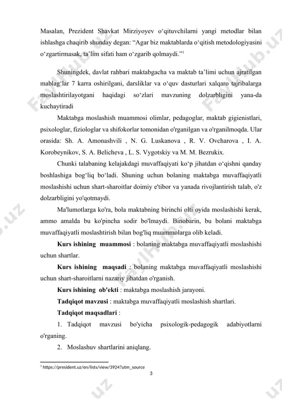hun shart-sharoitlar doimiy e'tibor va yanada rivojlantirish talab, o'z dolzarbligini yo'qotmaydi. ma'lumotlarga ko'ra, bola maktabning birinchi olti oyida moslashishi kerak, ammo amalda bu ko'pincha sodir bo'lmaydi. binobarin, bu bolani maktabga muvaffaqiyatli moslashtirish bilan bog'liq muammolarga olib keladi. kurs ishining muammosi : bolaning maktabga muvaffaqiyatli moslashishi uchun shartlar. kurs ishining maqsadi : bolaning maktabga muvaffaqiyatli moslashishi uchun shart-sharoitlarni nazariy jihatdan o'rganish. kurs ishining ob'ekti : maktabga moslashish jarayoni. tadqiqot mavzusi : maktabga muvaffaqiyatli moslashish shartlari. tadqiqot maqsadlari : 1. tadqiqot mavzusi bo'yicha psixologik-pedagogik adabiyotlarni o'rganing. 2. moslashuv shartlarini aniqlang. 1 bolaning maktabga moslashish jarayonining nazariy asoslari 1.1 pedagogik adabiyotlarda moslashish tushunchasi "moslashish" tushunchasi 19-asrda paydo bo'lgan va dastlab biologiyada ishlatilgan. keyinchalik u nafaqat organizm hayotining turli jabhalariga, balki inson shaxsiyatiga va hatto jamoaviy xatti-harakatlarga ham tatbiq etildi. bu atama birinchi marta g. albert tomonidan kiritilgan bo'lib, tibbiy va psixologik adabiyotlarda qo'llanilgan bo'lib, u sezgi a'zolarining qo'zg'atuvchilar ta'siriga moslashishi ta'sirida analizatorlarning sezgirligining …