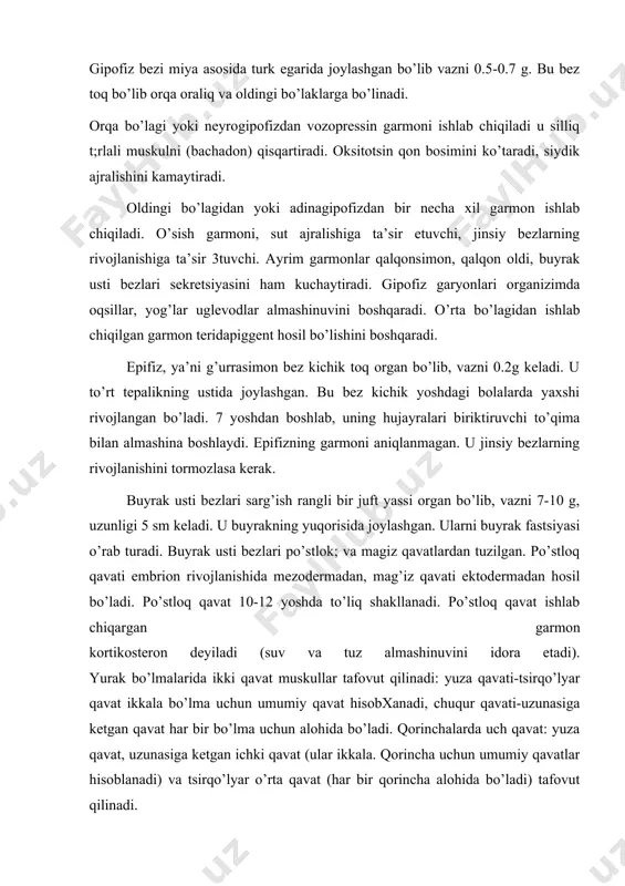 suyuqlik mavjud; aralash nerv, lateral, medial, tutami, surgichsimon o’siq, noksimon g usqo’l, chanoq va dumba sohasi, gumbaz, stvoli, piramida, surgichsimon tana, gipofiz, qo’lrang do’mboq, ko’ruv traktlari, miya oyoqchalari, varoley ko’prigi, rombsimon chuqurcha, olivalar, retiqo’lyar formatsiya., dorsal, yarim sharlar, silviy suv yo’li, qopqog’i, g’ilofi, qora va qizil yadro va retiqo’lyar formatsiya yadrolari, ko’ruv do’mbog’i, do’mboq, osti va ustki sohasi, gipotalamus, qadoqsimon tana, plashch, efferent, sekreter tolalar, afferent, somatik, effektor, posttanglionar. nerv sistemasi barcha organlarning va sistemalarning faoliyatini boshqaradi va organizmning tashqi muhit bilan o’zaro ta’sirini yuzaga chiqaradi. nerv sistemasining asosiy funktsional birligi nerv hujayrasi (neyron)dir. nerv hujayralari nerv qo’zgalishi-nerv impulsini o’tkazadi. nerv qo’zgalishi dendritdan nerv hujayrasining tanasiga o’tadi. akson orqali esa navbatdagi neyronga yoki ishlovchi organga o’tkaziladi. bunda organizm bir nechta neyron bilan ta’sirotini sezadi va unga javob qaytaradi. orqa miya nervlari: orqa miyadan 31 juft nerz chiqadi. har bir orqa miyadan orqadagi yldizli-sezuvchi va olding.i harakatlantiruvchi ildizlaridai chiqadigan nerv qo’shilib …