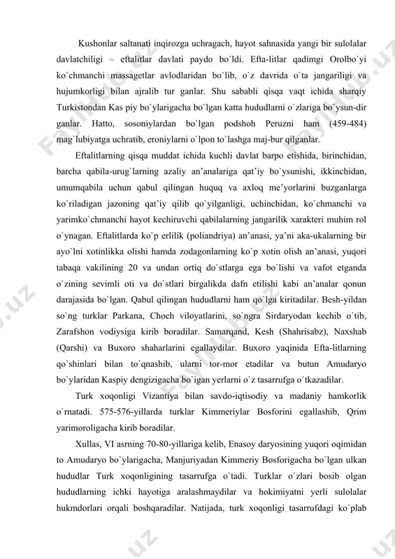 ar bosforini egallashib, qrim yarimoroligacha kirib boradilar. xullas, vi asrning 70-80-yillariga kelib, enasoy daryosining yuqori oqimidan to amudaryo bo`ylarigacha, manjuriyadan kimmeriy bosforigacha bo`lgan ulkan hududlar turk xoqonligining tasarrufga o`tadi. turklar o`zlari bosib olgan hududlarning ichki hayotiga aralashmaydilar va hokimiyatni yerli sulolalar hukmdorlari orqali boshqaradilar. natijada, turk xoqonligi tasarrufdagi ko`plab mayda feodal hokimiyatlar vujudga keladi. xoqonlikka kiruvchi yerli sulolalar hukmdorlarning boyishi uchun xalqni ayovsiz talashi, urug`-aymoqchilikning kuchayib ketishi va mayda feodallarning hokimiyat uchun zimdan kurash olib borishi tufayli turk xoqonligi 603-yilda ikki mustaqil davlatga – mo`g`ulistonda tashkil topgan sharqiy turk davlati va markaziy osiyo, jung`oriya hamda sharqiy turkistonni birlashtirgan g`arbiy turk xoqonligiga bo`linib ketadi. vii asrning birinchi choragida g`arbiy turk xoqonligi kuchayib, shimoliy chegaralarini oltoy hududlarigacha, janubiy chegaralarini esa hind daryosi bo`ylarigacha kengaytiradi. yettisuv g`arbiy turk xoqonligining markaziga, siyob shahri esa uning poytaxtiga aylanadi. g`arbiy xoqonlik aholisining kattagina qismi o`troq hayot kechirib, dehqonchilik bilan, shaharlar va yirik qishloqlar aholisi savdo-sotiq hamda …