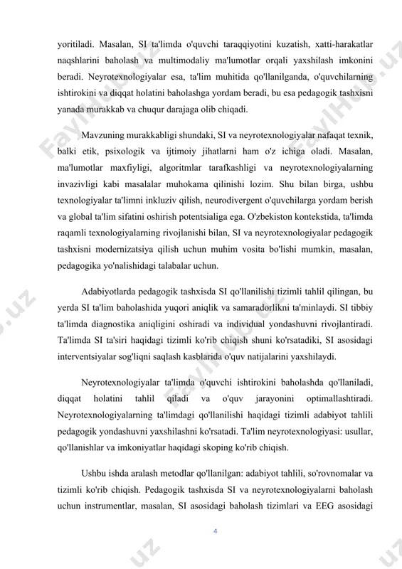 gik tashxis tushunchasini o‘rganish; · sun’iy intellekt va neyrotexnologiyalar asoslari va ularning ta’limdagi qo‘llanilishini tahlil qilish; · amaliy metodlarni va istiqbolli texnologiyalarni aniqlash; · pedagogik jarayonda si va neyrotexnologiyalarni qo‘llash bo‘yicha tavsiyalar ishlab chiqish. 3. tadqiqot obyekti va predmeti · obyekt: maktab o‘quvchilari va pedagogik diagnostika jarayoni. · predmet: si va neyrotexnologiyalardan pedagogik tashxis jarayonida foydalanish metod va uslublari. 4. tadqiqot metodlari · kuzatuv, test sinovlari, intervyu va so‘rovnomalar; · statistika va tahlil; · taqqoslash va umumlashtirish; · modellashtirish va prognozlash (si algoritmlari orqali). asosiy qisim i-bo‘b. pedagogik tashxisning nazariy asoslari 1.1. pedagogik tashxis tushunchasi va uning vazifalari pedagogik tashxis — bu o‘quvchi yoki talabaning bilim, ko‘nikma, malaka, shaxsiy sifatlari, qiziqishlari, qobiliyatlari hamda rivojlanish darajasini ilmiy asoslangan metodlar yordamida o‘rganish va baholash jarayonidir. u pedagogik faoliyatning muhim tarkibiy qismi bo‘lib, o‘quv-tarbiyaviy jarayonni takomillashtirishda, ta’lim sifatini oshirishda, individual yondashuvni amalga oshirishda asosiy vosita hisoblanadi.[footnoteref:1] [1: abduqodirov a. ta’limda axborot texnologiyalari. – …