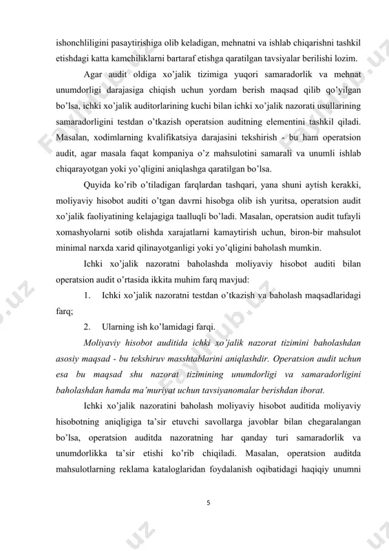 chun samarali foydalanishlari mumkin. funktsional auditning kamchiligi shundan iboratki, bunda funktsiyalar o’rtasidagi bog’liqlikni baholash imkoni yo’q. zero, o’sha ishlab chiqarish texnologiyasi tayyor mahsulot ishlab chiqarish funktsiyasi va xo’jalik tizimining boshqa funktsiyalari bilan o’zaro uzviy bog’liq. tashkiliy audit. odatda, xo’jalik tizimining operatsion xarajatlar auditida uning belgilangan bir tarmog’i yoki tashkiliy bo’limi: bo’lim, tarmoq yoki qaram kompaniya o’rganiladi. tashkiliy auditda asosiy e’tibor funktsiyalarning o’zaro qanchalik mahsuldor va samarali ekanligini aniqlashga qaratiladi. auditning bu turi uchun faoliyatning tashkiliy rejasi va muvofiqlashtirish usuli juda muhimdir. shundan kelib chiqib biz quyidagi 3-chizmada o’zbekiston sharoitida nazorat tizimini ko’rsatishga harakat qilamiz. 3-chizma. moliyaviy nazorat tizimi. maxsus audit. operatsion auditning maxsus vazifasi ma’muriyat ehtiyoji bilan aniqlanadi. bunday audit nihoyatda turli-tumandir. misol qilib, ma’lumotni elektron qayta ishlash tizimining samarasizlik sabablarini aniqlashni, biron-bir bo’limda jinoyat yuz berishi mumkinligini o’rganishni ishlab chiqarilayotgan mahsulotning tannarxini pasaytirish bo’yicha tavsiyanomalar taklif qilishni ko’rsatish mumkin. ma’lumki, bizning korxonalar faoliyatida bu funktsiyalarning asosiy qismi iqtisodiy bo’limlarga …