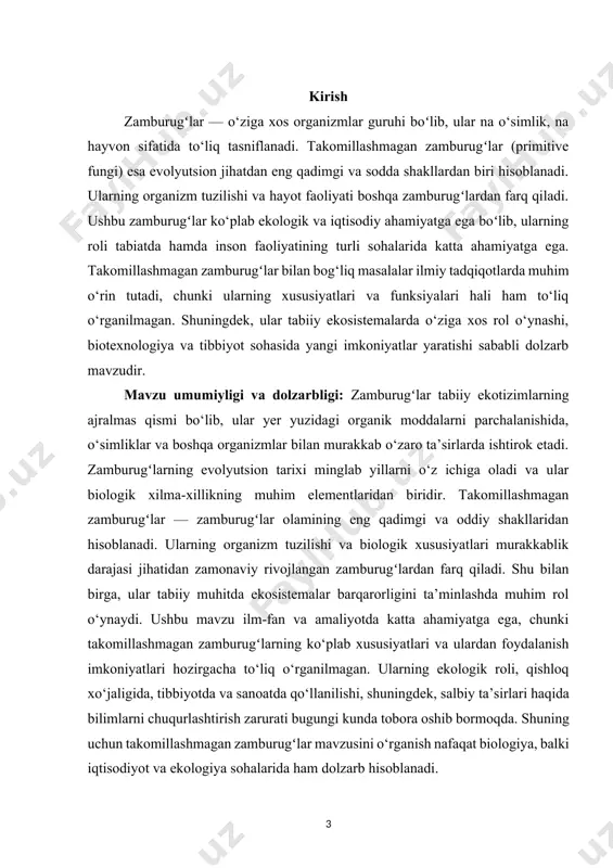 i foydalanish, shuningdek yangi biologik faol moddalarni ishlab chiqish uchun asos yaratadi. takomillashmagan zamburugʻlar bilan bog‘liq tadqiqotlar atrof-muhitni muhofaza qilish va inson sog‘lig‘ini yaxshilashga katta hissa qo‘shishi mumkin. kurs ishining maqsadi ushbu kurs ishining asosiy maqsadi takomillashmagan zamburugʻlarning biologik xususiyatlari, ekologik roli va amaliy qo‘llanilish sohalarini o‘rganishdir. shuningdek, kurs ishida ushbu organizmlarning inson faoliyatidagi ahamiyati, ularning ijobiy va salbiy tomonlari tahlil qilinadi. bu orqali takomillashmagan zamburugʻlar bo‘yicha mavjud bilimlarni kengaytirish, ularning turli sohalarda qo‘llanilishi uchun asos yaratish ko‘zda tutiladi. kurs ishining vazifalari” kurs ishining bajarilishi davomida quyidagi vazifalar hal qilinadi: 1. takomillashmagan zamburugʻlarning umumiy biologik va morfologik xususiyatlarini o‘rganish. 2. ularning tabiiy ekosistemalardagi ekologik ahamiyatini tahlil qilish. 3. takomillashmagan zamburugʻlarning qishloq xo‘jaligi, tibbiyot va sanoat sohalarida qo‘llanilish imkoniyatlarini aniqlash. 4. ularning iqtisodiy ahamiyati va inson faoliyatiga ta’sirini baholash. 5. takomillashmagan zamburugʻlar bilan bog‘liq xavf-xatarlarni ko‘rib chiqish. i . zamburugʻlar, ularning turlari va tasnifi haqida umumiy ma’lumot zamburugʻlar haqida umumiy ma’lumot …