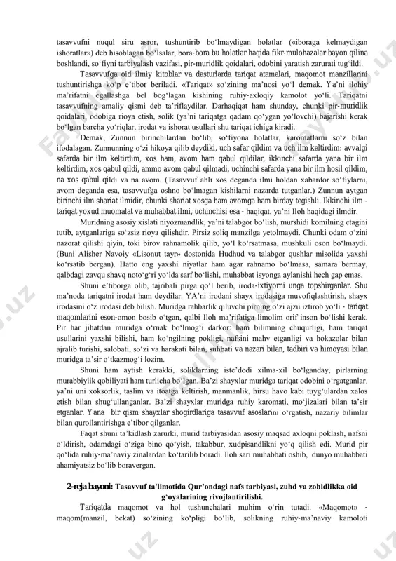 rib qo‘shilmoqdir, dedilar. shu tariqa,viii asr oxiri – ix asr boshlarida dunyodan ko‘ngil uzgan, ammo zohidlarga o‘xshamaydigan, «bir nazar bilan tuproqni kimyo etadigan» (hofiz sheroziy) zehnu zakovat, aqlu farosatda tengsiz, ammo o‘zga mutafakkirlar, faylasuflardan ajralib turadigan, shariat ilmini suv qilib ichgan, toatu ibodatda mustahkam, lekin oddiy dindorlardan farqlanadigan ajoyib xislatli odamlar toifasi paydo bo‘lgan ediki, ularni ruh kishilari yoki ahlulloh, avliyo, ahli hol, ahli botin, arbobi tariqat, darvesh, qalandar, faqir degan nomlar bilan tilga olardilar. shunga ko‘ra, olimlar tasavvuf tarixini dastlab ikki davrga ajratadilar: birinchi - zohidlik davri, ikkinchisi - oriflik va oshiqlik davri. so‘fiylarning o‘zini ham orif so‘fiylar, zohid so‘fiylar, rind so‘fiylar, faqir so‘fiylar, faylasuf so‘fiylarga ajratish mumkin. oriflik davri deb ataganimiz ikkinchi davr ham bir necha bosqichlarga ega. chunonchi, ix-x asrlar - xonaqohlarning paydo bo‘lishi, tariqat rusumlarining shakllanish davri. xi-xii asrlar - tasavvuf maktablari, silsilalarning tarkib topish davri. bunda misr, bag‘dod, basra, buxoro, nishopur, termiz, balx shaharlari tasavvuf …