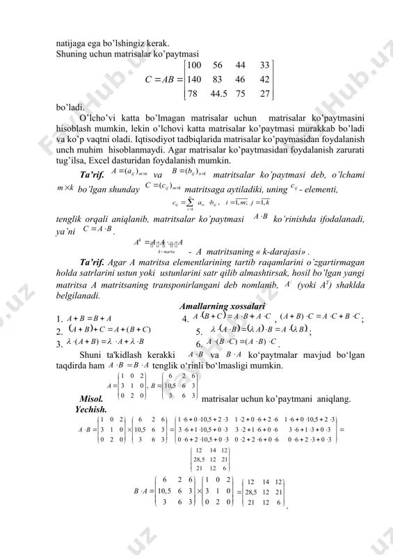 lg’i narxi, komplemanın narxi (masalan, avtomobil), aholi. neftga bo’lgan t vaqtdagi bu chiziqli talab vektor ko’rinishida quyidagicha ifodalanilishi mumkin misol 2. neftga bo’lan talab (million barrelda) ni q=βx modelida tushuntirish mumkin va bunda bo’lsin,deb faraz qilaylik. tavsiflovchi o’zgaruvchilar vektori bo’lganda neftga bo’lgan talabni hisoblang. yechish. neftga bo’lgan talabni quyidagicha hisoblanadi shunday qilib javob 29,92 million barrel. misol 3. telefon apparatlarini ta’mirlovchi usta 70% telefonlarni past darajada, 20% o’rta darajada va 10% to’liq ta’mirdan chiqardi. statistik ma’lumotlarga ko’ra 70% past darajada ta’mirlangan telefonlarni bir yildan keyin qayta 10% past darajada, 60% o’rta darajada, 30% ni to’liq ta’mirlashadi. o’rta darajada ta’mirlangan telefonlarni bir yildan keyin qayta 20% past darajada, 50% o’rta, 30% ni to’liq ta’mirlashadi. to’liq ta’mirlangan telefonlarni bir yildan keyin qayta 60% past darajada, 40% o’rta darajada ta’mirlashadi. agar masala sharti shu tarzda davom etsa 1, 2, 3 – yillardan keyingi har bir darajada ta’mirlangan telefonlar ulushini aniqlashda matrisalar algebrasidan foydalanish …