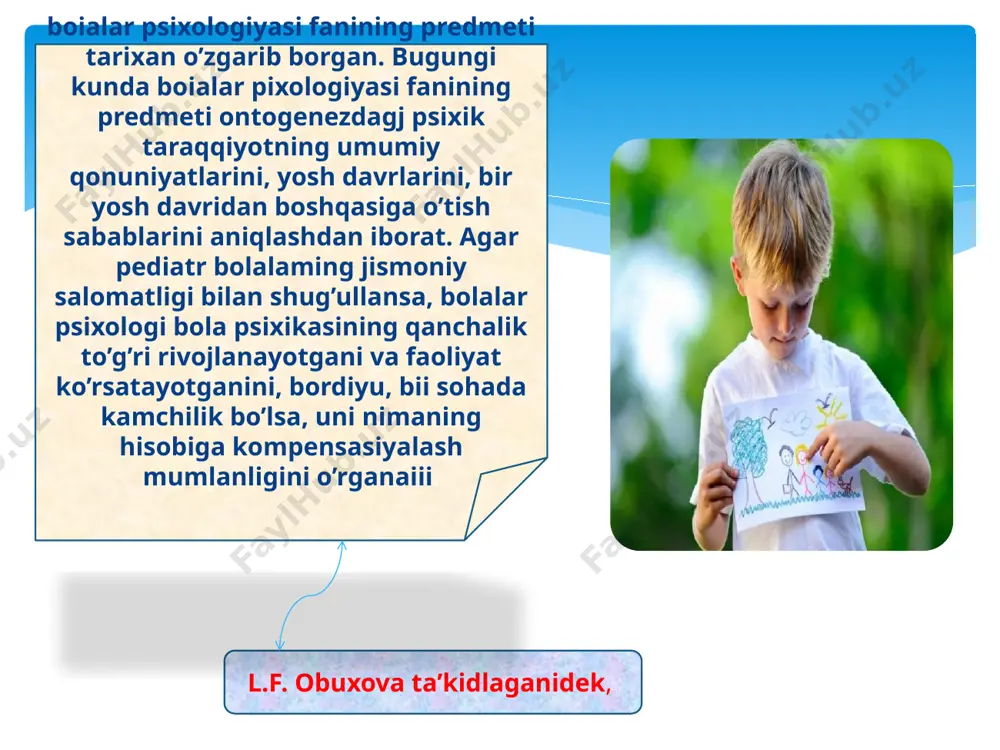 ami'oq narsa keladigan odam emas, balki psixikasi sifat jihatdan kattalar psixilrasidan farqlanuvchi mavjudotdir; 1. bola taraqqiyot ritmlarining farqlanish qonunii. bu qonunga ko’ra bolaning rivojlanishi o’z sur’atlariga ega, bu syr’atlar vaqt ritmiga to’g’ri itelmaydi. demak, l.s.vigotskiy psixologiyada madaniy-tarixiy yondoshuvga asos solgan. mazkur yondashuv bolalair psixologiyasidagi nazariy va amaliy muammolami haj. qilishda ham katta ahamiyatga egadir shuningdek, l.s.vigotskiyning ta’kidlashicha, bola taraqqiyotida barqaror davrlar inqirozu davrlar bilan almashadi. inqirozlar ikki yosh dfivri tutashgan joyda, bola psixikasi va xulqatvoridagi eski xususiyatlaming yo’qolib, yangilari shamlanishi davrida ro’y beradi. a.n.leont'ev (1903-1979) - mashhur ms psixologi, faoliyat nazariyasining asoschilaridan bin. faoliyat nazariyasi ong va faoliyat birligi tamoili bilan bog’liq. ushbu nazariyaga ko’ra, faoliyat sub’ektning predmetli olam bilan bo’lgan ta’sirlashi^ jarayoni bo’lib, bu jara>on imga o’z ehtiyojlarini qonclirishi uchim inikoniyat beradi. faoliyat - bu faol, niiiqsadga yo’naltirilgan jarayondir. predmetlilik faolyat bilan bog’liq. ehtiyoj-individdan tashqarida bo’lgan, ammo individ normal hayot kechirishi, shaxi>ning rivojlanishi uchim kerak a.n.leont'evning faoliyat nazariyasi 2. …