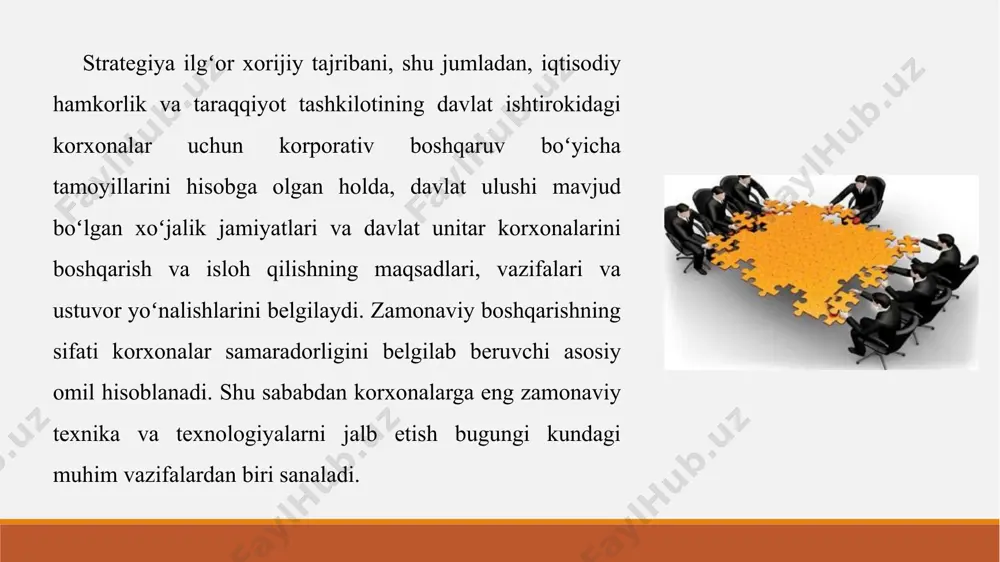 qaruvchilar tomonidan innovatsiyalarga boʼlgan qiziqishning pastligi yaʼni boshqaruvdagi egiluvchanlik qobiliyatining kamligi. 6 ragʻbatlantirish boshqaruvda ragʼbatlantirish tizimini mukammal ishlab chiqilmaganligi innovatsion boshqaruvni joriy qilishga qiziqishni pasaytiradi. korxonalar faoliyatining barqarorligiga ta’sir qiluvchi omillar tahlili xulosa oʻrnida aytish mumkinki, korxonani boshqarishda samaradorlikka erishish uchun, avvalo, boshqaruvning maqsadlari, shuningdek, vositalari va unga erishish usullarini aniq belgilab olish zarur. yuqori sifatli va raqbotbardosh mahsulotlarni eng kam xarajatlar asosida ishlab chiqarish eng koʻp daromad olishni ta’minlab, inqirozga uchrashdan saqlaydi hamda har bir korxonaning asosiy vazifasi hisoblanadi. boshqaruvning barcha vazifalari ushbu maqsad amalga oshishiga xizmat qilishi lozim. boshqaruvning samaradorligiga koʻp jihatdan korxona oldiga qoʻyilgan maqsadlar va bajariluvchi vazifalarning oʻzaro munosabatlari yordamida erishiladi. image2.jpeg image3.jpeg image4.jpeg image5.png image6.jpeg image7.jpeg image8.jpeg image9.jpeg image10.png /docprops/thumbnail.jpeg
