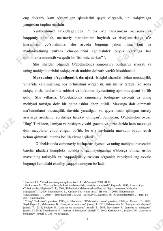 i tadqiqotning asosiy dasturilamali bo‘lib xizmat qildi. bmining davriy chegarasi. ushbu mavzu qadimgi davrdan mustaqillik yillarini qamrab olgan. o’zbekistonda zamonaviy boshqaruv siyosati va uning mohiyatini ijtimoiy-iqtisodiy, siyosiy, madaniy hayotiga doir ma’lumotlarni qamrab oladi. bmining ilmiy yangiligi: ishda qadimgi davridan hozirgacha bo’lgan o’zbekistondagi zamonaviy boshqaruv siyosati va uning mohiyati, ijtimoiy, iqtisodiy, siyosiy, madaniy hayotiga oid muammo va oqibatlari: – boshqaruv tizimining tarixiy-madaniy asoslarini o’rganish; – o’zbekistonda boshqarishning shakllanishi va keyingi tarixiy davrlarda rivojlanishini asoslash; – mustaqillik yillarida zamonaviy boshqaruv tizimining yo’lga qo’yilishini yoritsh; – zamonaviy boshqaruvning ma’naviy-ma’rifiy jihatlari va uni tahlil qilish; – hozirgi zamon ta’lim-tarbiya jarayonini boshqarishni bayon qilish; – boshqaruvda rahbar ayol ma’naviyatini o’rganish; – rahbar ma’naviyati va boshqaruv usulini yoritish orqali asoslab berilgan. bmining ilmiy va amaliy ahamiyati: mazkur bmida berilgan ma‘lumotlar, ilmiy xulosalar, tavsiya va takliflar o’zbekiston tarixining qadimgi davrdan hozirgacha bo’lgan davr tarixini qiyosiy o’rganishda, o’zbekistonda zamonaviy boshqaruv siyosatining shakllanish jarayoni va uning mohiyatiga oid tarixini …