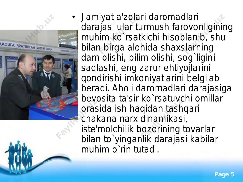 doimo mavjudki, ular ob`ektiv sabablarga ko`ra (yoshi, sog’ligining yomonligi, mamlakatdagi ishsizlik darajasi va boshqalar) ishlab chiqarishda ishtirok eta olishmaydi. shuning uchun ular to`g’risida qayg’urishni davlat o`z zimmasiga olishi zarur, ya`ni yaratilgan milliy daromadning bir qismini ular foydasiga qayta taqsimlashi lozim. o`zbekistonda respublikasida aholini ijtimoiy muhofaza qilish tizimining o`ziga xos xususiyatlari. http://www.powerpointstyles.com/ free powerpoint templates page 19 bozor munosabatlarining imkoniyati keng, ammo ayni vaqtda ular g’oyat talabchandir. bozor iqtisodiyoti sharoitida har kimning taqdiri ko`p jihatdan kasb mahoratiga, o`zgarib turgan muhitga moslasha olishiga, tavakkal qilishi, hatto o`z shaxsiy mol-mulkini xavf ostiga qo`yishdan ham qo`rqmay, oilaviy farovonligini ta`minlay olish bilan bog’liqdir. davlat esa bunday sharoitda ijtimoiy totuvlik va barqarorlik kafili bo`lib, adresli ijtimoiy sayosatni mazkur maqsadga yo`naltirib turadi. bunday yordam ko`rsatish uchun o`z-o`zini boshqarish organlari zarur resurslar bilan ta`minlanadi. mahallalarda respublika va mahalliy byudjetlar, shuningdek, korxona hamda tashkilotlar, tadbirkorlik tuzilmalari va ayrim fuqarolar ko`ngilli ravishda o`tkazgan pullar hisobidan maxsus fondlar tashkil qilingan. vakolatli …