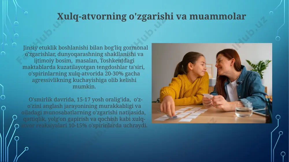 лаб ўрганиш зарур. shaxsning ijtimoiy rivojlanishi oʻsmirlik davrida shaxsning ijtimoiy rivojlanishi 13-18 yosh oraligʻida tengdoshlar guruhlari taʼsiriga, xususan, 5-7 kishidan iborat yaqin doʻstlar doirasining fikr-mulohazalariga juda bogʻliq boʻladi. oʻsmirlik davrida, taxminan 15 yoshda, oʻz-oʻzini anglash va oʻziga ishonch hissi shakllanib, ijtimoiy rol va masʼuliyatlarni oʻzlashtirishga 30% ga oʻsishi kuzatiladi. o'smirlik davri psixologiyasining o'ziga xos xususiyatlari o'smirlik davrida (13-18 yosh) o'ziga xos bo'lgan identifikatsiya qidiruvi kuzatiladi, bu davrda o'smir o'zining "men" imidjini shakllantirishga harakat qiladi va ko'pincha g'arb madaniyatining ta'siri ostida bo'ladi. miyada 15-17 yosh oralig'ida sodir bo'ladigan neyrobiologik o'zgarishlar natijasida, xususan prefrontal korteksning rivojlanishi hali to'liq emasligi tufayli, impulsiv xatti-harakatlar va xavf-xatarlarni baholashda qiyinchiliklar kuzatiladi. tengdoshlar guruhi va munosabatlar adolesentlarning 70% dan ortig'i tengdoshlar munosabatlariga katta ahamiyat beradi, bu davrda o'zaro munosabatlarning sifatiga qarab, o'smirlarning o'ziga bo'lgan ishonchi va hissiy barqarorligi 2-3 baravar o'zgaradi. o'smirlik davrida tengdoshlar guruhiga mansublik 30% ga yaqin o'zgarishlarni boshdan kechiradi, bu esa shaxsning o'ziga xosligini …