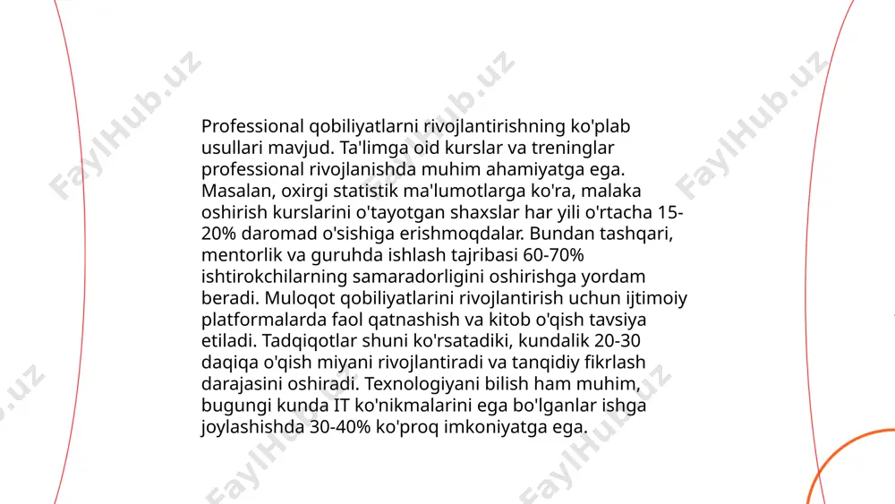 iyat testlari orqali ishchilarni saralash 70% aniqlik bilan muvaffaqiyatni bashorat qilishi mumkin. qobiliyatlar shaxsning muayyan kasbda qanchalik samarali bo'lishini oldindan bilishga yordam beradi. bu jarayon o'z ichiga kognitiv qobiliyatlarni (70%), texnik qobiliyatlarni (60%) va shaxsiy fazilatlarni (75%) baholashni oladi. shu sababli, qobiliyat testlari va boshqa baholash vositalari orqali kasbiy kompetentligini aniqroq baholashga erishiladi. ... t.me/slaydai_bot meyoriy qobiliyatlar, ya'ni kognitiv yoki fikrlash qobiliyatlari, kasbiy faoliyatda muhim o‘rin tutadi. ushbu qobiliyatlar mantiqiy fikrlash, muammolarni hal qilish, qaror qabul qilish, va ijodiy fikrlashni o‘z ichiga oladi. tadqiqotlar shuni ko‘rsatadiki, yuqori kognitiv qobiliyatlar yuqori ish samaradorligiga olib keladi. masalan, 2019-yilda o‘tkazilgan tadqiqotda yuqori iq darajasiga ega ishchilar 20% ko‘proq samarali ekanligi aniqlangan. shuningdek, meyoriy qobiliyatlar tashkilot ichida samarali kommunikatsiya va jamoaviy ish ko‘nikmalarini yanada oshiradi, bu esa o‘z navbatida loyihalarni muvaffaqiyatli amalga oshirish darajasini 30% ga oshirishi mumkin. shuning uchun, bu qobiliyatlarning rivojiga oid trening va ta'lim dasturlari tashkilotlarda katta ahamiyatga ega. ... t.me/slaydai_bot …