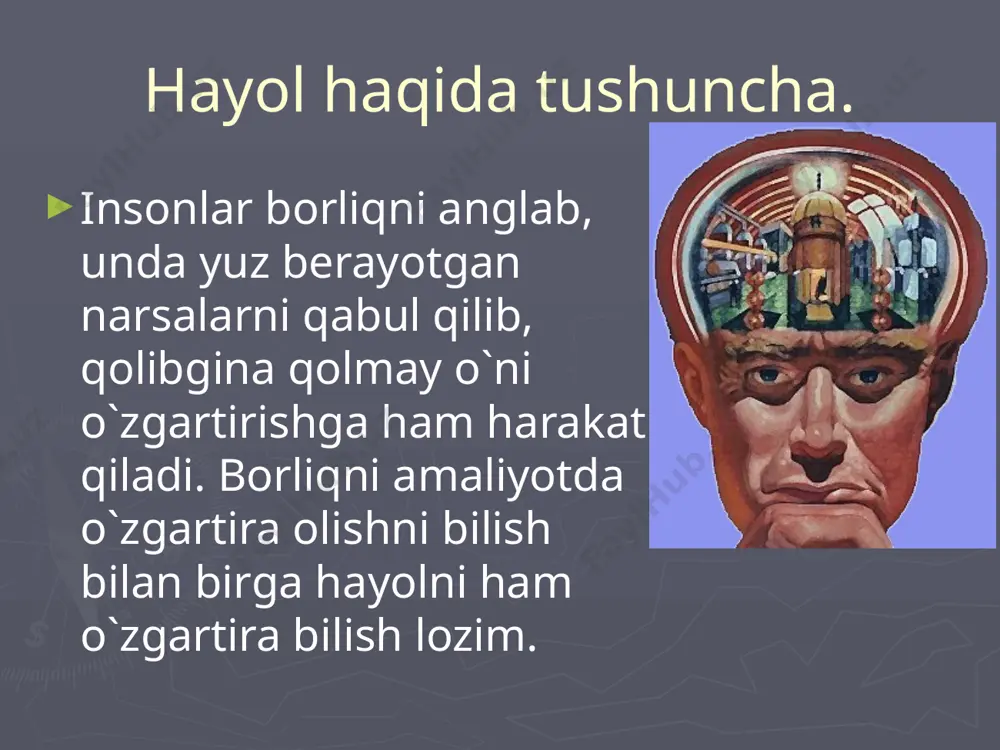 s bo’lgan faoliyatlarda yuzaga chiqadi. mehnatning tayyor natijasini xayolga keltirmay turib, ishga kirishib bo’lmaydi. fantaziya yordamida kutilayotgan natijani tasavvur qilish - inson mehnatining hayvonlar instinktiv harakatlaridan tubdan farqidir. xayol inson ijodiy faoliyatining zarur elementi bo’lib, mehnatning oxirgi va oraliq mahsulotlarida o’z ifodasini topadi. xayol mehnat natijalarini narsalarda gavdalantirishga undaydi va shuning bilan birga muammoli vaziyat aniq bo’lmagan hollarda ish-harakat programmasini tuzishni ta’minlaydi. xayol tafakkur singari, muammoli vaziyatda, ya’ni masalani yechishning yangi usullarini qidirib topishda yuzaga keladi. ehtiyojlarni qondirishning real jarayonidan oldin ehtiyojlarni qondirishning soxta, xayoliy jarayoni sodir bo’ladi. muammoli vaziyatda masalani hal qilish uchun biz tushunchalarga (bilimlarga) va obrazlarga suyanamiz. ko’pincha bu ikkala vosita ham birgalikda qo’llaniladi. ammo ulardan qaysi birining ustunligi muammoli vaziyatning xarakteriga bog’liq. agar muammoli vaziyat ko’p jihatdan o’zining noaniqligi bilan ajralib tursa, dastlabki ma’lumotlarni aniq analiz qilish juda qiyin bo’lsa xayol mexanizmlari ishga tushadi. xayol o’zining faolligi va aktivligi bilan xarakterlanadi. shu bilan birga xayol kishini …