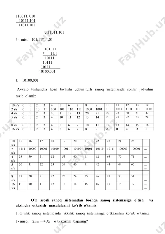 lik sanoq sistemasi 2 lik sanoq sistemasi 0 00 1 01 2 10 3 11 foydalanib kodlanadi. masalan: 111011111012 x4 a) 1 11 01 11 11 012 1 3 1 3 3 1 javob: 111011111012=1313314 ga teng ekan. b) 32024 x2 sonini ikkilikka duada usulida o`tkazaylik 3 2 0 2 11 10 00 10 demak, 32024=111000102 ga teng ekan. c) 10111,101012 х4 1 01 11, 10 10 10 1 1 3 , 2 2 2 2. triada ( uchtadan ) bu usul bilan ikkilik sanoq sistemasidagi sonning sakkizlik sanoq sistemasidagi ko`rinishi va aksi tez topiladi. 8 bu 2 ning kubi, ya`ni 8=23. ikkining darajasida 3 bo`lgani uchun ikkilik sanoq sistemasidagi sonning o`ng tomonidan sonning chap tomoniga qarab 3 tadan raqam ajratib kelinadi va jadvaldan 8 lik sanoq sistemasi 2 lik sanoq sistemasi 0 000 1 001 2 010 3 011 4 100 5 101 6 110 7 111 foydalanib kodlanadi. …