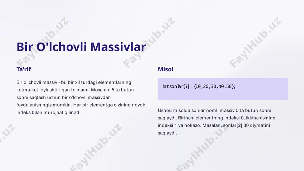 ib, ma'lumotlarni nusxa ko'chirish talab etiladi. vector konteyneri c++ ning vector konteyneri avtomatik ravishda xotirani boshqaradi. shuning uchun, vector dan foydalanganda massivni qayta o'lchamlash osonroq. 12 ikki o'lchovli massivlarni qayta o'lchamlash satrlarni qayta o'lchamlash satrlar sonini oshirish uchun, avvalgi satrlarni nusxa ko'chirish va yangi satrlarni yaratish kerak. ustunlarni qayta o'lchamlash ustunlar sonini oshirish uchun, har bir satrdagi ma'lumotlarni nusxa ko'chirish va yangi ustunlarni yaratish kerak. yangi massiv eng oson usul - bu kerakli hajmdagi yangi massivni yaratish va eski massivdan ma'lumotlarni nusxa ko'chirish. 13 massivlar bilan ishlash 1 yaratish massivlarni yaratish va ularni boshlang'ich qiymatlar bilan to'ldirish. 2 elementlarga kirish massivning elementlariga murojaat qilish va ularning qiymatlarini o'qish yoki o'zgartirish. 3 yig'indisini hisoblash massivning elementlarini qo'shib yig'ish. 4 saralash massivning elementlarini tartiblash (o'sish yoki kamayish tartibida). 5 qidirish massivda ma'lum bir elementni qidirish. 14 c++ da massivlarni o'rganish asosiy tushunchalar bir o'lchovli, ikki o'lchovli va dinamik massivlarni yaratish va ularni …