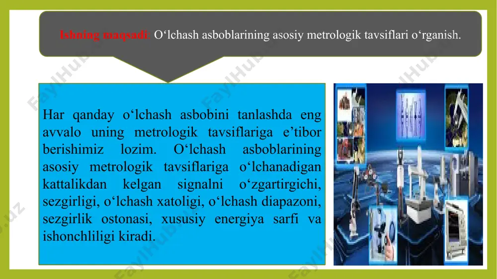 chegarasi shkaladagi bo‘linmalar umumiy soniga bo‘linadi c=300 ma/60del, ya’ni s=0,2del/ma sezgirlikka tengdir). 5. o‘lchash asbobining barqarorligi – asbobning metrologik xususiyatlarini vaqt bo‘yicha o‘zgarmasligini ko‘rsatuvchi sifatidir. asbobning xususiyatlarini vaqt bo‘yicha o‘zgarishi qo‘shimcha xatolikka olib keladi. 6. ortiqcha yuklanish qobiliyati – asboblarni ma’lum vaqtgacha ijozat etilgan yuklamadan ortiqrog‘iga chidamligini ko‘rsatadi. bunda asbobning konstruktsiyasidagi o‘zgarishlar qoldiq xarakterga ega bo‘lmasligi kerak. 7. asbob ko‘rsatuvining o‘zgaruvchanligi (variatsiya) – o‘zgarmas tashqi sharoitda o‘lchanayotgan kattalikning haqiqiy qiymatiga to‘g‘ri keladigan asbob ko‘rsatishlarining orasidagi eng kata farq bilan aniqlanadi. ko‘rsatishni o‘zgaruvchanligi asosan asbob qismlaridagi ishqalanish va ishsiz oraliq elementlardagi mexanik va magnit gisterezislarga bog‘liq bo‘ladi. 8. asbob ko‘rsatkichining o‘rnashish vaqti yoki tinchlantirish vaqti – kattalikni o‘lchash vaqtidan boshlab asbobning qo‘zgaluvchi qismini tebranish amplitudasi absolyut xatolik darajasidan kam bo‘lgan vaqtgacha o‘tgan davrga aytiladi. analog asboblar uchun asosan 4 sek qilib belgilangan. termoelektrik va elektrostatik asboblar uchun bu vaqt 6 sek belgilangan. raqamli asboblarda o‘lchash vaqti deb o‘lchanayotgan kattalikni o‘lchashda turg’un …