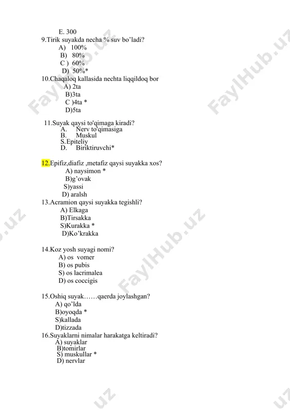 suyaklarni nimalar harakatga keltiradi? a) suyaklar b)tomirlar s) muskullar * d) nervlar 17.quyidagilardan qaysi biri yassi suyak hisoblanadi? a. os clavicula b. os ulna c. os radius d. os scapula * 18.bo’g’imning lotin tilida aytilishi? a. costa b. vertebra c. articulatio * d. sceletum 19.odam skeletida nechta juft qovurg’a bor? a ) 10 ta b )11ta c )12ta* d )14ta 20. columna vertebralis nechta umurtqadan tashkil topgan? a. 20-25 b. 25-30 c. 30-33 d. 33-34 * 21. canalis vertebralisga qaysi a’zo joylashgan? a. bosh miya b. oraliq miya c. orqa miya * d. miyacha 22. birinchi bo’yin umurtqasi qanday ataladi? a. sagital b. frontal c. atlant * d. o’qli 23. ikkinchi bo’yin umurtqasi qanday ataladi? a. atlant b. axis * c. turtib chiqqan d. sagital 24.umurtqa pog’onasining oldingi egriligiga nima deyiladi? a. skalioz b. kifoz c. lardoz * d. gepatoz 25. bel umurtqalarining lotin tilida aytilishi? a. v.cervicalis b. v.thorakalis …