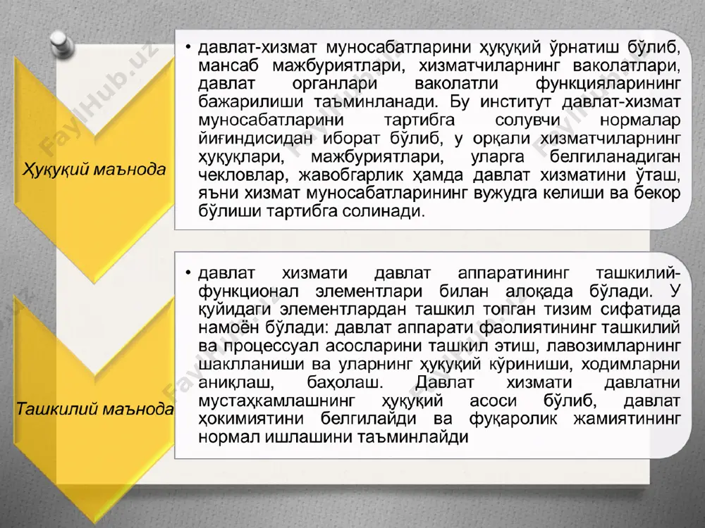 тайёрлаш; ҳужжатларни юбориш ва бошқа ёрдамчи-техник ҳаракатларни амалга ошириш киради. ёрдамчи хизматчиларнинг фаолияти юридик аҳамиятга эга эмас. масалан, қўлда ёзилган хизмат ҳужжатининг оператор томонидан компьютерда терилиши, тегишли раҳбар томонидан имзо қўйилмагунча ёки муҳрланмагунча юридик аҳамиятга эга бўлмайди. маъмурий ҳокимият вакиллари - давлат хизматчиларининг алоҳида гуруҳи ҳисобланади. маъмурий ҳокимият вакиллари - давлат хизматчиларининг шундай гуруҳики, улар ўз ваколатлари доирасида бошқа шахсларга, хизмат бўйсунувидан қатъи назар, бажарилиши мажбур бўлган кўрсатмалар бериши мумкин. давлатнинг бирон-бир ҳокимият органи номидан иш кўриб, муайян вазифаларни доимий ёки вақтинча амалга оширувчи ва ўз ваколатлари доирасида кўпчилик ёхуд барча фуқаро ёки мансабдор шахслар учун мажбурий бўлган ҳаракатларни содир этиш ёки фармойишлар бериш ҳуқуқига эга бўлган шахс –ҳокимият вакили деб эътироф этилади. ёрдамчи хизматчилар. давлат хизматчиларининг мазкур гуруҳини давлат органининг нормал фаолият юритиши учун зарур бўлган ёрдамчи функцияларни амалга оширувчи хизматчилар ташкил этади. ёрдамчи хизматчилар давлат органининг нормал фаолият юритиши учун шароит яратиб беради. ёрдамчи хизматчилар таркибига - иш …