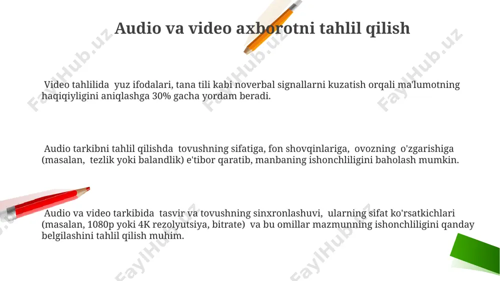 tahlil qilish ko'nikmalarini rivojlantirish zarurligini ko'rsatadi. ishonchli manbalarni aniqlash, masalan, faktlardan foydalanish, manbalarni ko'rsatish va mutaxassislarning fikrlarini keltirish kabi omillar, axborotdan foydalanish madaniyatining muhim tarkibiy qismidir. 5 dan ortiq manbadan tekshirish tavsiya etiladi. soxtalashtirilgan yangiliklar va dezinformatsiya tarqalishining oldini olish maqsadida, axborot savodxonligi darajasi kamida 60% ga oshirilishi, bu esa jamiyatning axborot xavfsizligini ta'minlashga yordam beradi. axborot turlari raqamli axborot manbalaridan foydalanishda 2 ta asosiy omilni – manbaning ishonchliligi va axborotning dolzarbligini hisobga olish kerak. eski yoki noto’g’ri ma’lumotlar xavfli bo’lishi mumkin. multimedia axborot (matn, rasm, audio, video) bir vaqtning o’zida 4 ta turli vositalardan foydalanadi va ularning birgalikda ta’siri oddiy matndan farq qiladi. uning ta’sirini tahlil qilish muhim. axborotning 3 turi mavjud: faktlar (tekshirilgan ma’lumotlar), fikrlar (shaxsiy nuqtai nazarlar) va baholar (qadriyatlarga asoslangan fikrlar). ularning aniq farqini tushunish muhim. internetdagi axborot manbalarini baholash internetdagi ma'lumotning sifatini baholashda yozilgan matndagi havolalar soni va sifati, shuningdek, muallifning ekspertizasi va tajribasi muhim …