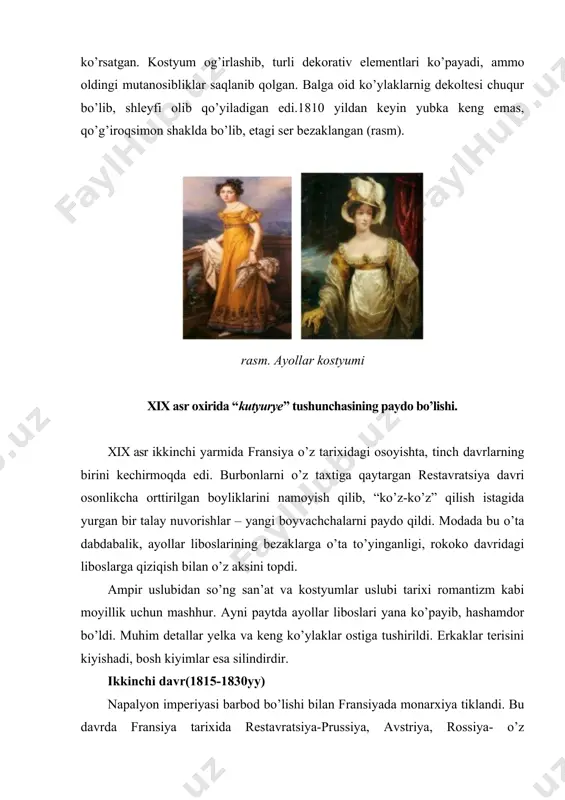 plashdan tashqari bitta yoki ikkita pelerinali mantoni kiyishgan.tor soyabonli sal qaytarilgan baland shlyapalar keng tarqalgan (rasm). rasm. erkaklar kostyumi ayollar kostyumi. ayollar kostyumi oldingi davrning konstruktiv chiziqlarini saqlagan holda, bezagi (ayniqsa, ko’ylakning etagida) ko’paya boshladi. fransiyada burbonlarning tiklanishi aristokratlar qalbini g’oyat zavq-shavqqa to’ldirgandi va 1815-yilda eng modali rang “oq” rang bo’ldi (rasm). rasm. ayollar kostyumi 1819-1820-yillarda ayollar kostyumining silueti o’zgardi. bel chizig’iasta-sekin pastga tusha boshladi, yengning tepa qismi kengaya boshladi, yubka toraydi va korsetning shakli o’zgardi. chuqur dekolte va yenglar faqat balga oid ko’ylaklarda saqlanib qolgan. bir necha qator pelerinalar, ro’mol, frezalar bo’yin ko’krakni berkitar edi. uchinchi davr(1830-1848yy) san’at sohasida 30-yillar romantizimning eng avjiga chiqqan davri hisoblanadi. klassizmning ratsional normalari barbod etilib, romantizm g’alaba qozongan. amaliy san’atda va kostyumda uslublar va nomlar fransiyadan kelib, fransiya modaning qonundori bo’lgan. parij esa yevropaning madaniy markazi hisoblangan. shuning uchun san’atda va kostyumda 30-40-yillarda ustunlik qilgan badiiy yo’nalishga birinchi marta nemis nomi “bidermayer” berilgan. …