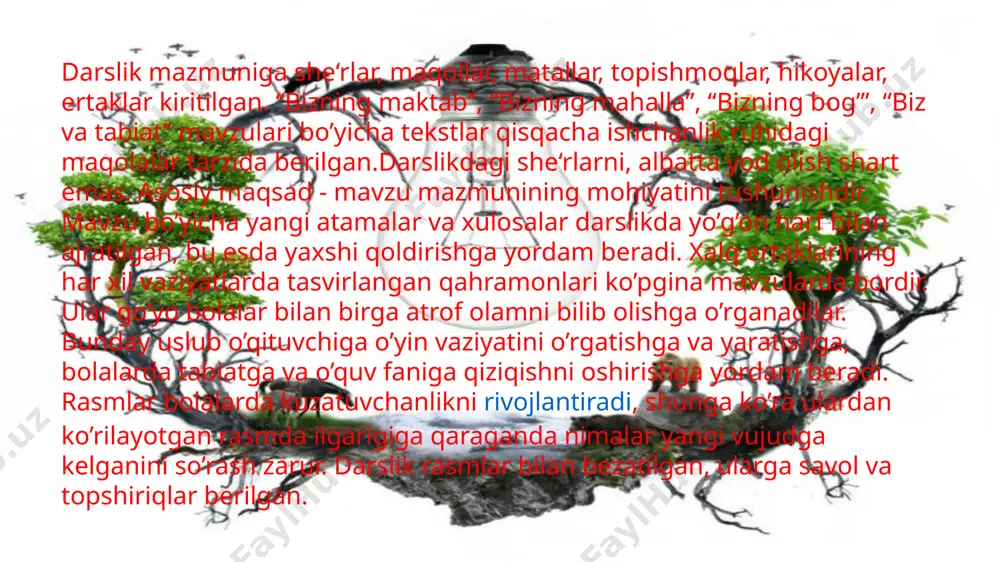 ham imkon beradi. 3-sinfda o’quvchilar ob-havoni muntazam kuzatishni davom ettiradilar: bulutlanishni, shamol kuchini (kuchli, bo’sh, mo’tadil) belgilaydilar. fenologik kuzatishlar o’tkazishni davom ettiradilar: kunning uzunligini (kalendar bo’yicha), barglarning sarg’ayishini xazonrezgilikni, yil fasllari bo’yicha o’simlik va hayvonlar holatini belgilaydilar.. 3-sinfda umumsinf tabiat va mehnat kalendarini yuritish davom etadi, bu ikki yil davomida kuzatilgan hodisalarni taqqoslash imkoniyatini beradi. har kuni ob-havo, o’simlik va hayvonlar holatini belgilab, o’quvchilar joriy kuzatishlarini o’tgan yili shu kun o’tkazgan kuzatishlari bilan solishtiradilar. bunday ish kuzatishlarga qiziqishni, ularning sifatini oshiradi, tabiatshunoslik tushunchalarini chuqurroq o’zlashtirishga yordam beradi. “madaniy o’simliklar ”, “uy hayvonlari” mavzularini o’rganishda bolalar kuzatish, tajriba, ekskursiya, amaliy ishlar o’tkazish yo’li bilan o’simlik va hayvonot dunyosining mahalliy vakillari bilan, o’z joyi yuzasining shakllari bilan, suv havzalari va suvning xususiyatlari bilan, tuproq hamda foydali qazilmalar bilan tanishadilar. bolalar uchun “bizning o’lka” tushunchasi hammadan avval ularning uylari va maktabi joylashgan joydir, chunki ular ayniqsa atrof joyda bevosita kuzatishlari mumkin bo’lgan tuproq, …