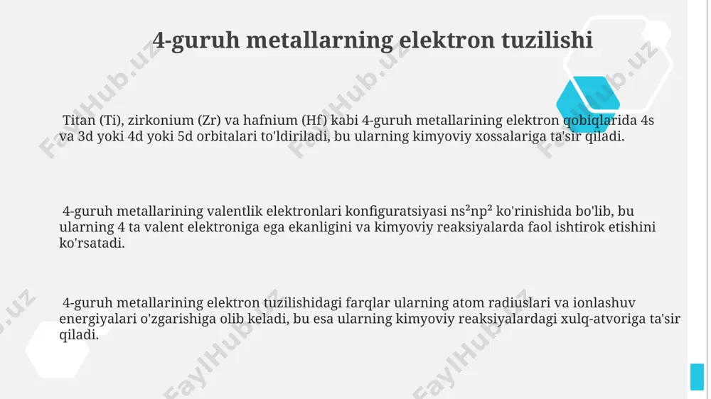 ron konfiguratsiyalari juda yaqin, bu ularni ajratishni qiyinlashtiradi. titandan tortib seaborgiygacha bo'lgan metallarning reaktivligi pastdan yuqorigacha ortadi, bu ularning ionlash potensialining pasayishi va atomlar radiusi oshishi bilan bog'liq. 4-guruh metallari yuqori oksidlanish darajalariga (+4) ega bo'lib, ularning birikmalarida ko'pincha tetraedrik geometriyani namoyon qiladi, masalan, ticl₄ ning qaynash temperaturasi 136°c ni tashkil qiladi. 4-guruh metallarning olinishi hafnium esa, zirkoniumdan ajratib olish jarayonini talab qiladi, chunki ularning kimyoviy xossalari juda o'xshash. ekstraktsiya yoki ion almashinuvi kabi murakkab usullar yordamida 99% dan yuqori tozalikdagi hafnium olinadi. 4-guruh metallarining ba'zi birikmalari, masalan, titan dioksidi (tio₂), rudalardan minerallarni boyitish va keyinchalik klorlash yoki sulfatlash kabi kimyoviy usullar orqali olinadi, undan keyin metall qaytarish jarayoni amalga oshiriladi. 4-guruh metallari, xususan, titan va zirkonium, metallurgik usullar orqali, masalan, magniy yoki kaltsiy kabi faol metallar bilan ularning xloridlarini (ticl₄, zrcl₄) qaytarish orqali olinadi. reaktsiya yuqori haroratlarda (800-1000°c) o'tkaziladi. 4-guruh metallarning ekologik ahamiyati 4-guruh metallarining ba'zilari, masalan, titan dioksidi …