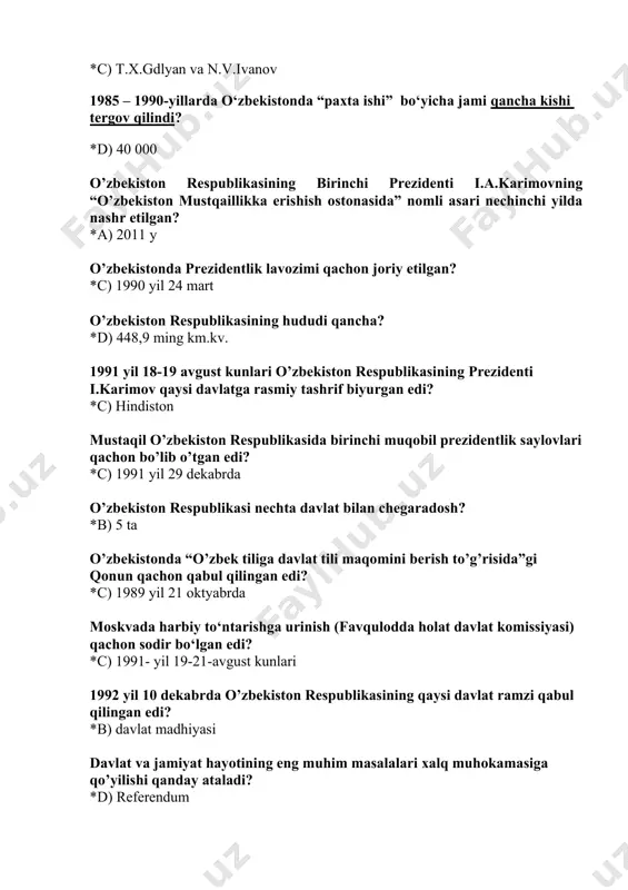 edi? *c) 1989 yil 21 oktyabrda moskvada harbiy to‘ntarishga urinish (favqulodda holat davlat komissiyasi) qachon sodir bo‘lgan edi? *c) 1991- yil 19-21-avgust kunlari 1992 yil 10 dekabrda o’zbekiston respublikasining qaysi davlat ramzi qabul qilingan edi? *b) davlat madhiyasi davlat va jamiyat hayotining eng muhim masalalari xalq muhokamasiga qo’yilishi qanday ataladi? *d) referendum 1991 yil 18 noyabrda o’zbekiston respublikasining qaysi davlat ramzi qabul qilingan edi? *d) davlat bayrog’i o’zbekiston respublikasining milliy valyutasi – «so’m» qachondan muomalaga kiritildi? *c) 1994 yil 1 iyuldan 1992 yil 8 dekabrda o’zbekiston respublikasining qaysi davlat ramzi qabul qilingan edi? *c) konstitutsiya o’zbekiston respublikasi konstitutsiyasining tarkibi qanday? *d) muqaddima, 6 bo’lim, 26 bob, 128 moddadan iborat o‘zbekiston respublikasining qaysi davlat ramzi nisbatan oldinroq qabul qilingan? *b) davlat bayrog‘i 2. o‘zbekiston respublikasi konstitutsiyasiga qanday o‘zgartirish kiritiladi? a)*referendum orqali davlat hokimiyati necha bo‘g‘inga bo‘linadi? *c) 3 o‘zbekiston milliy taraqqiyot yo‘li bu – *a) bozor munosabatlariga asoslangan huquqiy demokratik davlat …