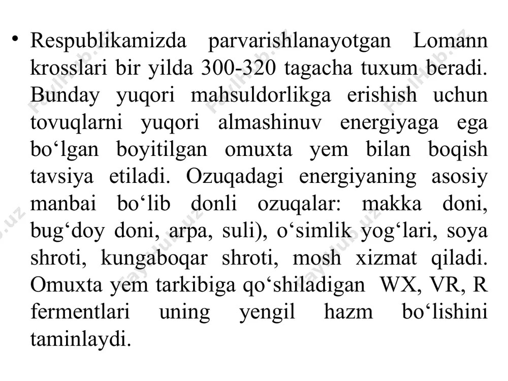 kin. baliq unidan parrandalar ratsioniga 3 - 7% gacha qo‘shish tavsiya etiladi. yog‘i olingan quritilgan sut - tarkibida 2 - 3% oqsil, 0,5 -1,5% yog‘lar, 7 - 8% kul moddasi bo‘ladi. ratsionga 2 - 3% gacha qo‘shiladi. vitaminli o‘t uni - tovuqlar ratsioniga qo‘shilishi shart bo‘lgan komponentlardan biri hisoblanadi. soyada quritilgan o‘t unlari tarkibidagi karotindan parrandalarning ichaklarida retinol sintezlanadi. o‘t unlaridan yosh jo‘jalarning ratsioniga 3 - 5%, katta yoshdagi tovuqlar uchun 5 - 10% hisobida qo‘shilishi shartdir. broyler jo‘jalarni oziqlantirish broyler jo‘jalar boshqa parrandalarga qaraganda o‘sish sur’atining tezligi bilan ajralib turadi. shuning uchun ularni hayotining birinchi kunidanoq tuliq ratsionli boyitilgan omuxta yem bilan boqish muxim axamiyatga ega. jo‘jalar uzlarining yoshiga karab, tarkibida me’yorga asosan oziq, moddalar, vitaminlar, makroelementlar, mikroelementlar, aminokislotalar, fermentlar va boshqa biologik faol qo‘shimchalar bilan boyitilgan granulalangan yuqori sifatli omuxta yem bilan oziqlantiriladi. broyler jo‘jalarini oziqlantirish 3 davrga bo‘linadi: boshlang‘ich davr - 1-11 kunlar, o‘sish davri - 11-24 …