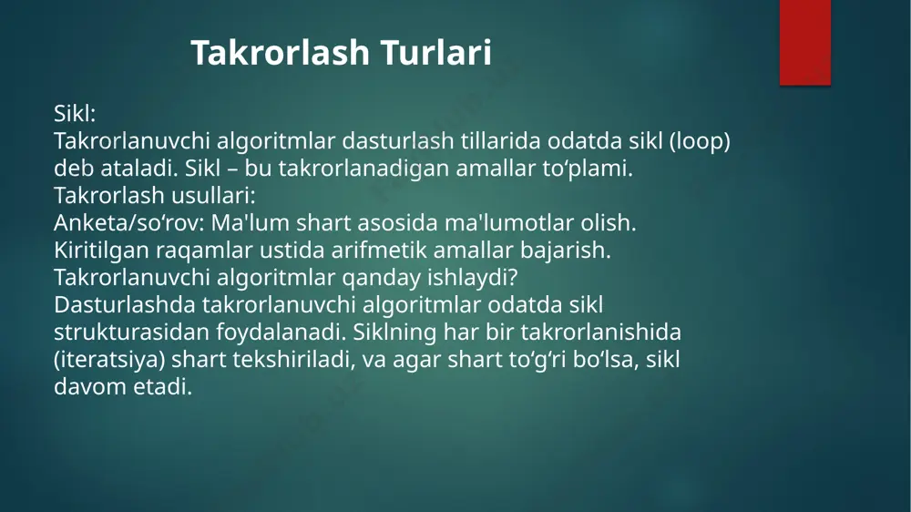 ilida while siklini qanday yozish kerak) while sikli: sintaksis, ishlash printsipi va turlari while sikli: umumiy tushuncha while sikli – bu takrorlanuvchi algoritm bo‘lib, ma'lum bir shart bajarilguncha amallarni davom ettiradi. sintaksis (dasturlash tilida while siklini qanday yozish kerak) shart – siklni davom ettirish uchun bajarilishi kerak bo‘lgan shart (masalan, o‘zgaruvchining qiymati shartni qanoatlantirishi kerak). amallar – har bir iteratsiyada bajariladigan kod. while siklining ishlash printsipi qanday ishlaydi? while sikli shartni tekshiradi. agar shart to‘g‘ri bo‘lsa, sikl ichidagi amallar bajariladi. har bir iteratsiya yakunida shart yana tekshiriladi. agar shart yolg‘on bo‘lsa, sikl tugaydi. takrorlash jarayoni boshlanish: shartni tekshirish. bajarish: agar shart to‘g‘ri bo‘lsa, amallar bajariladi. yangilanish: o‘zgaruvchi yangilanadi. tugatish: agar shart bajarilmasa, sikl to‘xtaydi while siklini ishlatish holatlari qachon ishlatiladi? noaniq sonli takrorlashlar uchun. masalan, foydalanuvchi ma'lum bir qiymatni kiritmaguncha sikl davom etishi kerak bo‘lsa. ma'lum bir shart bajarilmaguncha amallarni bajarish zarur bo‘lganda. misol 1: 1 dan 10 gacha bo‘lgan …