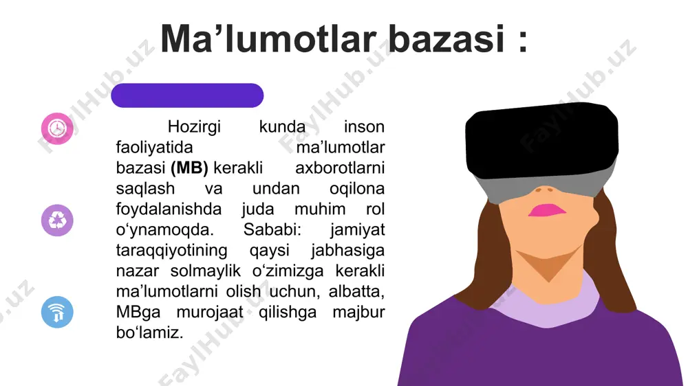 zilmaga ega bo‘lgan yozuvning nusxalar to‘plamidir. u o‘zicha har bir maydonda qiymatga ega. misol : student faylidagi (jadvalidagi) yozuvlarning mantiqiy strukturasini tavsiflashga doir misolda ko‘rsatilgan. student faylidagi yozuvning tuzilishi chiziqli bo‘lib, u o‘zgarmas uzunlikdagi yozuvlardan iborat. yozuv maydonlari takrorlanuvchi qiymatlar guruhiga ega emas. maydon qiymatiga murojaat uning nomeri bo‘yicha amalga oshiriladi. fayl fayl: fayl nomi student maydon kalit belgisi maydon formati nomni belgilash to‘liq nomlanish (rekvizit) tip uzun- ligi aniq- ligi nomer talaba reyting daftarchasi nomeri * simvol 10 famil talaba familiyasi simvol 10 ismi talaba ismi simvol 8 ota.ismi talaba otasi ismi simvol 10 t_kun talabaning tug‘ilgan sanasi sana 8 o’rta_baho talabaning o‘rtacha bahosi son 3 2 axborot tushunchasi: `xxi asrni informatikasiz tasavvur etib bo`lmaydi. axborot texnologiyalari bugungi kunda hayotimizning hamma sohalarini qamrab olgan. informatika sohasining asosiy resursi axborotdir. «axborot» so`zi lotincha «information» so`zidan olingan bo`lib, biror ish holati yoki ish faoliyati haqida ma`lum qilish, xabar berish, biror narsa …