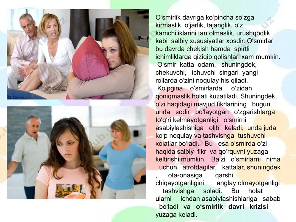 i anglash darajasi kengayadi, boshqa odamlar, atrof olam haqidagi bilimlari chuqurlashadi. psixik rivojlanishning yangi bosqichi boshlanadi. bilim o‘rganish ehtiyojlari asosida asta-sekinlik bilan o‘quv fanlariga nisbatan qat’iy ijobiy munosabat shakllanadi. bu davrda o‘qishning yangi motivlari yuzaga keladi. bu motivlar o‘smirning, hayotiy rejalari, kelajak kasbi va ideali bilan bog‘liq bo‘lgan holda bilish jarayonlari rivojlanish xarakteriga o‘z ta’sirini ko‘rsatadi. o‘smirlik davrida nutqning rivojlanishi bir tomondan so‘z boyligining oshishi hisobiga bo‘lsa, ikkinchi tomondan tabiat va jamiyatdagi narsa, voqea va hodisalarning mazmun-mohiyatini anglashlari hisobiga bo‘ladi. bu davrda o‘smir til yordamida atrof-borliqni aks ettirish bilan bir qatorda inson dunyoqarashini ham belgilab berish mumkinligini his qila boshlaydi. aynan o‘smirlik davridan boshlab, inson nutq bilish jarayonlarining rivojlanishini belgilab berishini tushuna boshlaydi.o‘smirni ko‘pincha muomalada so‘zlarni ishlatish qoidalari – “«qanday kilib to‘g‘ri yozish kerak?» «qanday kilib yaxshiroq aytish mumkin?» , «nima deyish kerak?», kabi savollar juda qiziqtiradi. o‘smirlar maktabdagi o‘qituvchilar, kattalar, ota-onalar nutqidagi kamchiliklariga, kitob, gazeta, radio va televidenie diktorlari …