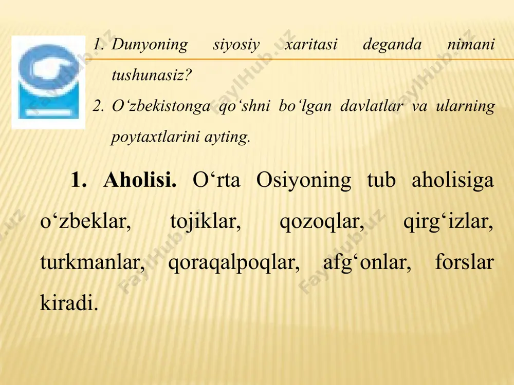 ich mustamlakachilik davrini o‘z ichiga oladi. bu bosqichda o‘rta osiyoda rossiya imperiyasining turkiston general-gubernatorligi hamda rossiyaning yarimmustamlakalariga aylantirilgan xiva xonligi va buxoro amirligi joylashgan edi. uchinchi bosqich juda qisqa davrni (1917—1920/22) o‘z ichiga oladi. bu bosqichda o‘rta osiyoda uchta mustaqil davlat paydo bo‘ldi: turkiston (qo‘qon) muxtoriyati, buxoro va xorazm respublikalari. to‘rtinchi bosqich 1924—1991- yillarni o‘z ichiga oladi. bu davrda sobiq ittifoqning parchalanishi oqibatida o‘rta osiyo hududidagi ittifoqdosh respublikalar o‘rnida mustaqil davlatlar — o‘zbekiston, qozog‘iston, tojikiston, turkmaniston va qirg‘iziston tashkil topdi.