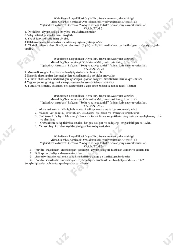 smoniy shaxslarning daromadlaridan olinadigan soliqlar 2. qo‘shilgan qiymat solig‘i stavkalari. 3. yagona soliq to‘lovi hisoblash va to‘lash tartibi. 4. yagona er solig‘i stavkalari va ularning tabaqalanishi. 5. moliya vazirligi huzuridagi respublika yo‘l jamg‘armasiga majburiy ajratmalar va ularning o‘ziga xos xususiyatlari. o‘zbekiston respublikasi oliy ta’lim, fan va innovatsiyalar vazirligi mirzo ulug‘bek nomidagi o‘zbekiston milliy universitetining jizzaxfiliali “iqtisodiyot va turizm” kafedrasi “soliq va soliqqa tortish” fanidan joriy nazorat variantlari. variant № 16 1. soliqlar va soliqlarga tenglashtirilgan to‘lovlarning byudjet daromadlaridagi salmog‘i hamda ularning o‘zgarish sabablari. 2. jismoniy shaxslarning daromadlaridan olinadigan soliq ob’ekti. 3. yagona soliq to‘lovi hisoblash va to‘lash tartibi. 4. soliq yuki va uni kamaytirishning mohiyati. 5. tadbirkorlik faoliyati bilan shug‘ullanuvchi kichik biznes subyektlarini rivojlantirishda soliqlarning o‘rni o‘zbekiston respublikasi oliy ta’lim, fan va innovatsiyalar vazirligi mirzo ulug‘bek nomidagi o‘zbekiston milliy universitetining jizzaxfiliali “iqtisodiyot va turizm” kafedrasi “soliq va soliqqa tortish” fanidan joriy nazorat variantlari. variant № 17 1. qo‘shilgan qiymat solig‘ining …