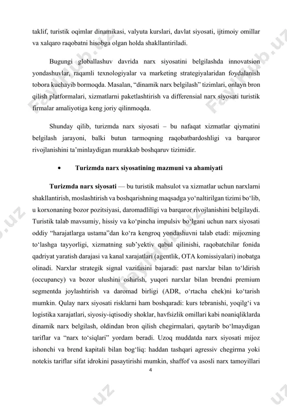 (nima uchun bu narx?) aniq bo‘lishi zarur. oxir-oqibat, narx siyosati turistik tashkilotning brend va mijoz tajribasini boshqarishida hal qiluvchi, bozor bilan “muloqot qiluvchi” eng ta’sirchan vositadir. turistik xizmatlarning o‘ziga xos xususiyatlari turistik xizmatlar nomoddiy, xilma-xil va ajralmas xususiyatga ega: xizmatni ishlab chiqish va iste’mol ko‘pincha bir vaqtda sodir bo‘ladi, sifat esa xizmat ko‘rsatuvchining mahorati, joy infratuzilmasi va mijozning o‘zi qatnashuvi bilan belgilanadi. inventar “yaroqsizlanadi”: sotilmagan xona yoki bo‘sh o‘rin bugun o‘tib ketsa, ertaga uni sotib bo‘lmaydi. talab mavsumiy va tashqi omillarga juda sezgir: ob-havo, valyuta kurslari, transport bog‘liqligi, xavfsizlik, global voqealar, ijtimoiy tarmoqlardagi sharhlar oqimni tez o‘zgartiradi. turistik mahsulot ko‘p komponentli va komplementar: transport, turar joy, ovqatlanish, ko‘ngilochar dastur, vizalar va sug‘urta — zanjirdagi har bir bo‘g‘inning sifati umumiy tajribani belgilaydi. geografik joylashuv o‘zgarmas, mijoz esa ko‘chma: shu bois joyning jozibasi, brend reputatsiyasi va onlayn reytinglar axborot nomukammalligini kamaytiradi. oldindan bron qilish, bekor qilish qoidalari, depozitlar va “narx to‘siqlari” xizmatning …