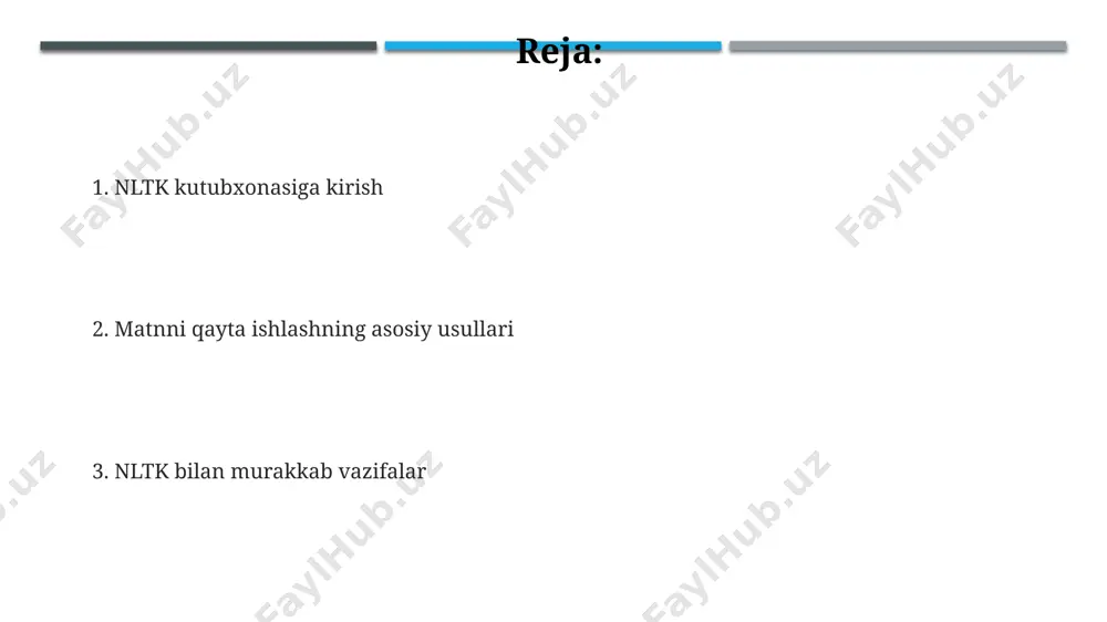 ularning ma'nolarini aniqlash imkoniyatini beradi, natijalar esa toshkent shahridagi universitetlarda tadqiqotlar uchun ishlatilishi mumkin. sintaksis tahlili nltk da mavjud boʻlgan 20 ga yaqin turli xil sintaktik tahlil vositalari, jumladan, dependency grammar va constituency parsing algoritmlaridan foydalanib, turli xil til ma'lumotlarini tahlil qilish mumkin. nltk kutubxonasi yordamida oʻzbekiston hududida toʻplangan 1000 ta gapdan iborat korpusda sintaktik tahlil oʻtkazish imkoniyatini beradi va natijalarni daraxtshaklarda (tree structures) tasvirlaydi. ingliz tilidagi 50 ta jumladan iborat namunaviy toʻplamga sintaktik tahlil qoʻllash orqali nltk ning tarkibiy grammatikalar (constituency grammars) bilan ishlash imkoniyatlarini koʻrsatish mumkin. stanford universiteti tomonidan ishlab chiqilgan vositalar bilan integratsiyalashuv mavjud. nltk ning qo'llanilishi nltk kutubxonasi yordamida 2000 dan ortiq turli tillardagi matnlarni tahlil qilish, jumladan, o'zbek tili hamda ingliz, rus tillarida lemmatizatsiya va morfologik tahlilni amalga oshirish mumkin. nltk, 1990-yillarning oxiridan boshlab rivojlanib kelayotgan va 30 dan ortiq mamlakatdagi olimlar tomonidan qo'llaniladigan, tabiiy tilni qayta ishlashda keng qo'llaniladigan vositadir. o'zbekiston bo'yicha 50 dan …