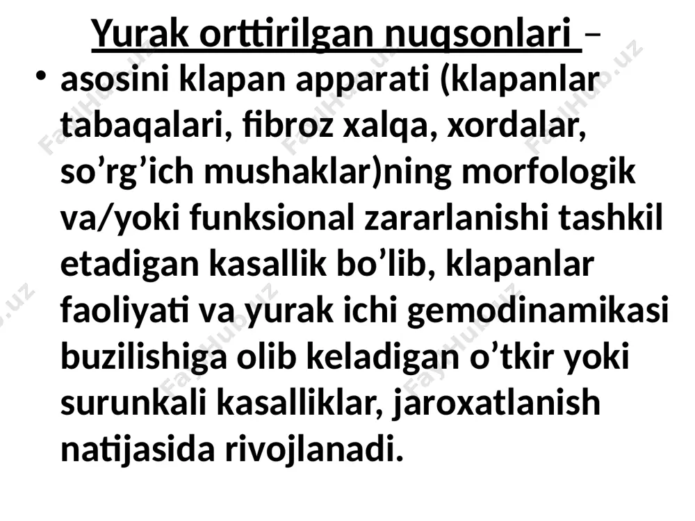va bo`lmachaning dilatasiya va gipertrofiyasi (jigarrang), chap bo`lmacha va kichik qon aylanish doirasida qon bosimining oshishi (havorang); tizimga qon regurgitasiyasi yo`nalishi strelka bilan belgilangan. mitral klapan yetishmovchiligining 2 turi farqlanadi organik funksional organik yetishmovchiligi sabablari: revmatik isitma (75%) marfan sindromi yurak jaroxati ateroskleroz, yuik biriktiruvchi to`qimaning sistemli kasalligi ra infeksion endokardit mitral klapan funksional yetishmovchiliging sabablari: chq gemodinamik zo’riqishi, fibroz xalqa kengayishi va klapan apparati disfunksiyasi bilan kechuvchi kasalliklar: arterial gipertenziya yurak aortal nuqsonlari dilatasion kardiomiopatiya yuik davomi: mitral klapan prolapsi so’rg’ich mushaklar disfunksiyasi xordalar yoki so’rg’ich mushaklar uzilishi gipertrofik kardiomiopatiya fibroz xalqa, mitral klapan, xordalar yoki so’rg’ich mushaklar birlamchi idiopatik kalsinozi mitral klapan organik yetishmovchiligi fibroz halqa kengayishi mitral klapan prolapsi xorda yoki so’rgich mushaklar uzilishi mitral yetishmov-chilikda qon regurgita-siyasi patomorfologiya klapan tavaqalarining tortilishi (burishib qolishi), yemirilishi klapan bir yoki ikkala tavaqasining prolapsi va xorda iplari uzilishi so’rg’ich mushaklar uzilishi yoki o’tib ketuvchi ishemiyasi klapan tavaqalari qalinlashishi va ularning …