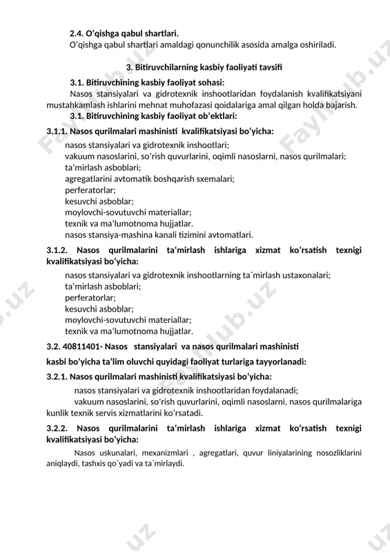 texnik xizmatdan o‘tkazish; kk-1.3. nasos stansiyalari va qurilmalarida ishlashda mehnatni muhofaza qilish va xavfsizlikni ta’minlash; kk-1.4. nasos agregatlarini avtomatik boshqarish sxemalarini qurishni asosiy prinsiplari . kk-1.5. gidrotexnik inshootlarga suv bosimi va harakati ta’sirini aniqlash va salbiy oqibatlarning oldini olish; kk-1.6. gidrotexnik inshootlar gidravlik hisobi usullarini va ishlarini boshqarish. 4.2.2. nasos qurilmalarini ta‘mirlash ishlariga xizmat ko‘rsatish texnigi kvalifikatsiyasi bo‘yicha: kk-2.1. nasos uskunalari, mexanizmlari , agregatlari, quvur liniyalarining nosozliklarini aniqlash, tashxis qo`yish; kk-2.2. nasos uskunalari, mexanizmlari , agregatlari, quvur liniyalari ta`mirlash ishlarini bajarish; kk-2.3. nasos uskunalari, mexanizmlari , agregatlari, quvur liniyalarini ta`mirlash ishlarida xavfsizlik texnikasi va mehnat muhofazasi qoidalariga amal qilish ko‘nikmalariga ega bo‘lish. 5. o‘quv reja tuzilmasi va ularga qo‘yiladigan talablar hamda bitiruvchida shakllantiriladigan kompetensiyalar t/r fan (modul) nomi bitiruvchi o‘zlashtirishi lozim bo‘lgan bilim va ko‘nikmalar shakllantiriladi gan kompetensiyalar bilimlar ko‘nikmalar umumkasbiy fanlar bloki 1. texnikaviy chizmachilik · chizma chiziqlari va chizmadagi yozuvlar; · texnik detallar va konstruktsiyalarni chizish koidalari; · …