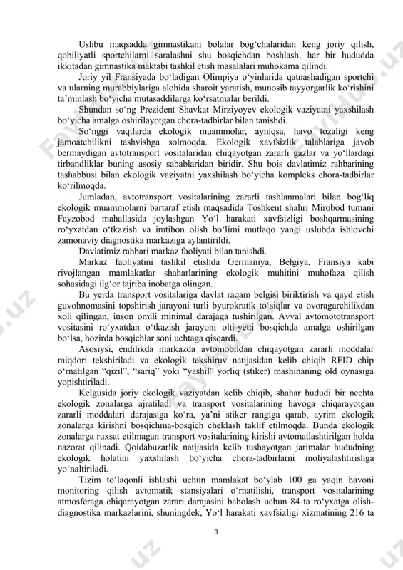 ri sportsevar yoshlarga katta sharoit yaratdi. davlatimiz rahbari ushbu sport maktabiga tashrif buyurib, bu yerdagi sharoitlarni va mashg‘ulotlarni ko‘zdan kechirdi. muassasa milliy terma jamoalar uchun xalqaro darajadagi sportchilarni tayyorlash, yuqori malakali murabbiy va mutaxassislarni jalb etib, o‘quv-mashg‘ulot jarayonini xalqaro standartlar darajasida tashkil qilish, murabbiylar va gimnastikachilar mahoratini muntazam oshirib borishga yo‘naltirilgan. buning uchun uch qavatli zamonaviy binoda barcha sharoit yaratilgan. birinchi qavatda asosiy zal va mashg‘ulotlar zali, trenajyor maydonchasi, tibbiyot xonasi va oshxona joylashgan. tepa qavatlardan 165 o‘rinli yotoqxona, mehmonxona, informatika va ma’naviyat xonalari o‘rin olgan. maktab germaniyadan keltirilgan sport anjomlari va jihozlari bilan ta’minlangan. gimnastika maktabi 5-11-sinflardagi 105 nafar o‘quvchiga mo‘ljallangan. bugungi kunda 91 nafar o‘g‘il-qiz mahoratini oshirmoqda. ularga ikkita xorijiy til ham o‘rgatiladi. chusovitina izdoshlari o‘tgan yili sport gimnastikasi va badiiy gimnastika bo‘yicha xalqaro musobaqalarda 4 ta, respublika turnirlarida 6 ta va sport maktablari o‘rtasida 24 ta medalni qo‘lga kiritgan. muhimi shundaki, gimnastikachi yoshlar bir joyning o‘zida yashab, …