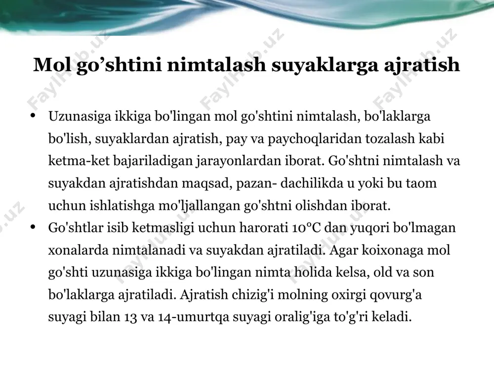 ы yarim dudlangan kolbasa ishlab chiqarish texnologik sxemasi xom ashyo tayyorlash, muzdan eritish, suyakdan ajratish, navlarga bo’lish maydalash tuzlash temperaturasi 3+4°c, bo’laklarga 2-4 sut yirik maydalanganda 1-2sut,mayda (3- 4mm)da 12-24 soat valchokda maydalash qiymali ko’ruvchi uskunada yuritish 8-10min qobiqlarga qiymalarni to’ldirish. batonlarni shipritlash tindirish 2-4 soat 8°c da qizdirish 90° c da 60-90 min pishirish. bug’ yo’ki suvda 80±85°c 60-90 min sovutish 20°c dan oshmagan xolda 2-3 soat batonlarni tugatish 43±50° c da 12-24 soat quritish 12°c da havo namligi 76,% 1-2 omborda saqlash texnologik sxemaning tasnifi kolbasa mahsulotlari - bevosita istemol qilishga tayyor oziqovqat mahsulotlari. goʻsht, yog’ hamda hayvon va o’simliklardan olinadigan yordamchi mahsulotlar qo’shib tayyorlanadi. kolbasa mahsulotlariga dudlamalar, pishirilgan (shu jumladan, sosiska va sardelkalar), qiymali, liver, hayvon qonidan tayyorlangan, yarim dudlangan, (pishirilib dudlangan, nam dudlangan) kolbasalar kiradi. kolbasa mahsulotlari umumiy iste’mol, davo-parhez va bolalar iste’moliga mo’ljallangan turlarga bo’linadi. kolbasa mahsulotlarining ayrimlari konservalar holida ishlab chiqariladi. kolbasa mahsulotlari tayyorlashda …