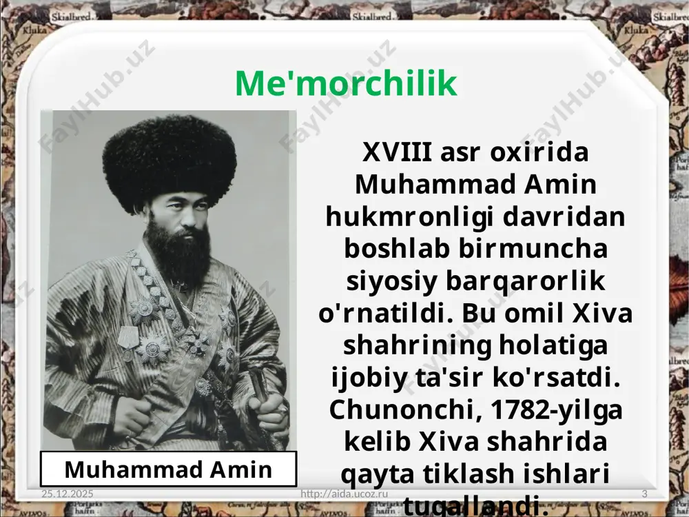 algan. xix asrda xiva yog'och o'ymakorligi maktabi xonlikda oldingi o'rinda turadi. u o'z badiiy yuksakligi bilan ajralib turardi. 25.06.2020 http://aida.ucoz.ru 15 bu o'rinda olloqulixon saroyidagi toshhovli ayvon ustunlari majmuyi o'zining ko'rkamligi bilan ajralib turadi. image2.jpeg image3.jpeg image4.jpeg image5.jpeg image6.jpeg image7.jpeg image8.jpg image9.jpg image10.jpeg image11.jpeg image12.jpeg image13.jpeg image14.jpeg image15.jpg image16.jpeg image17.jpg image18.jpeg image1.jpeg