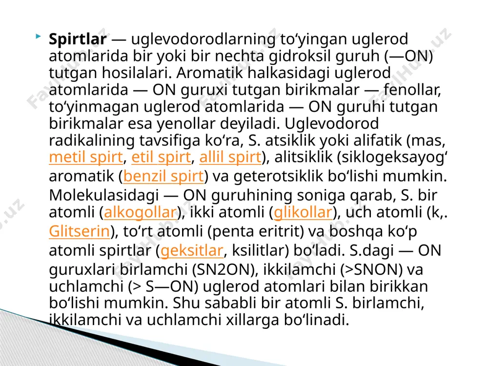 likol, glitserin) sifatida ishlatiladi. farmaaldegid smolasi fenolformaldegid smolalar — fenol bilan formaldegidnnng polikondensatlanishidan hosil boʻlgan mahsulotlar. boshlangʻich moddalar miqsorining nisbati va muhitning rn iga (qarang vodorod koʻrsatgich) qarab reaksiya natijasida faqat qoʻshimcha kimyoviy reagentlar ishtirokida qotadigan fenolformaldegid smolalars. (novoloklar) yoki hech qanday reagentlar ishtirokisiz qotadigan fenolformaldegid smolalars. (rezollar) hosil boʻlishi mumkin. fenolformaldegid smolalars. issiqqa va sovuqqa chidamli, elektroizolyatsion xossaga ega, spirt va atsetonda eriydi, rangi och sariqdan jigarranggacha boʻlib, quyosh nuri taʼsirida yoki ishlab chiqarish jarayonida toʻqjigarrang yoki hatto qora rangga oʻtadi. fenolformaldegid smolalars. fenoplastlar, yelimlar va loklar ishlab chiqarishda qoʻllanadi. fenol formaldegid, mochevina-formaldegid smolalarining butanolli qovushqoq eritmasi rangsiz suyuqlikdir. fenol formaldegid, mochevina-formaldegid smolalarini p-651 kompozision erituvchilar, ya’ni 120-1220c uglevodorod gaz kondensati va butanol 90:10% li eritmasidan foydalanib kerakli aniqlikda lak va emal olinadi. uglevodorodlarning 120-2200c kuchsiz gaz kondensatsiyalanish fraksiyasi (gk-lkm) (120-220) 90 % ni va butanol esa 10% ni tashkil qiladi. kompozitsion erituvchilarni tayyorlashning texnologik sxemasi quyidagi mexanizm bo’yicha …
