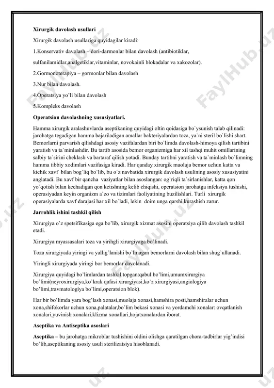 ashdir. bu tartib asosida bemor organizmiga har xil tashqi muhit omillarining salbiy ta`sirini cheklash va bartaraf qilish yotadi. bunday tartibni yaratish va ta`minlash bo`limning hamma tibbiy xodimlari vazifasiga kiradi. har qanday xirurgik muolaja bemor uchun katta va kichik xavf bilan bog`liq bo`lib, bu o`z navbatida xirurgik davolash usulining asosiy xususiyatini anglatadi. bu xavf bir qancha vaziyatlar bilan asoslangan: og`riqli ta`sirlanishlar, katta qon yo`qotish bilan kechadigan qon ketishning kelib chiqishi, operatsion jarohatga infeksiya tushishi, operasiyadan keyin organizm a`zo va tizimlari faoliyatining buzilishlari. turli xirurgik operasiyalarda xavf darajasi har xil bo`ladi, lekin doim unga qarshi kurashish zarur. jarrohlik ishini tashkil qilish xirurgiya o’z spetsifikasiga ega bo’lib, xirurgik xizmat asosini operatsiya qilib davolash tashkil etadi. xirurgiya myassasalari toza va yirihgli xirurgiyaga bo’linadi. toza xirurgiyada yiringi va yallig’lanishi bo’lmagan bemorlarni davolash bilan shug’ullanadi. yiringli xirurgiyada yiringi bor bemorlar davolanadi. xirurgiya quyidagi bo’limlardan tashkil topgan:qabul bo’limi,umumxirurgiya bo’limi(neyroxirurgiya,ko’krak qafasi xirurgiyasi,ko’z xirurgiyasi,angiologiya bo’limi,travmatologiya bo’limi,operatsion blok). har bir …