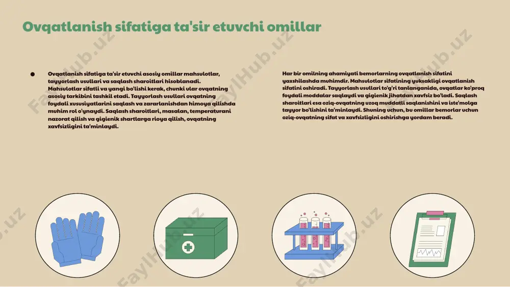 ri: muvozanatli ovqatlanish: muvozanatli ovqatlanish, organizmga zarur vitaminlar va minerallarni yetkazib berish orqali immun tizimini kuchaytiradi. • oziq-ovqatlarni to'g'ri taqsimlash va taqdimot: oziq-ovqatlarni to'g'ri taqsimlash va taqdimot, bemorlarning ruhiy holatini yaxshilaydi va ovqatlanish jarayonini yanada yoqimli qiladi. • parxez stollarining bemorlarning ruhiy holatiga ta'siri: yaxshi taqdim etilgan parxez stollari bemorlarning kayfiyatini ko'taradi va ovqatdan qoniqish hissini oshiradi. • misollar keltirish: misol sifatida, sabzavotlar, mevalar va to'yimli oqsillar bilan to'ldirilgan parxez stollari bemorlarning umumiy salomatligini yaxshilashga yordam beradi. parxez stollarining asosiy turlari parxez stollari uchta asosiy turga bo'linadi: dietik, terapevtik va profilaktik. har bir turda bemorlarning sog'ligini yaxshilash maqsadida maxsus oziq-ovqat mahsulotlari qo'llaniladi. **parhez turlari va oziq-ovqatlar:** 1. dietik parhez: sabzavotlar, mevalar, oqsillar; 2. terapevtik parhez: past kaloriya, xolesterin; 3. profilaktik parhez: to'yimli va muvozanatli oziq-ovqatlar. statistika shuni ko'rsatadiki, to'g'ri parhez sog'liqni 30% ga yaxshilaydi. parxez stollarini tayyorlash jarayoni oziq-ovqatlarni tanlash jarayoni parxez stollarini tayyorlashda oziq-ovqatlarni tanlash muhimdir. bu bosqichda bemorlarning …