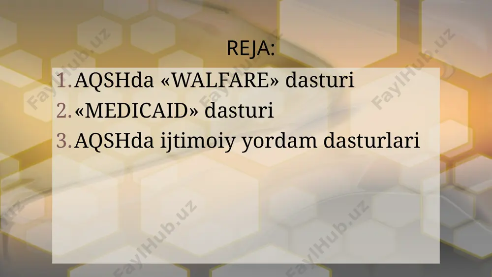 dga ega yoki umuman ishlamaydigan odamlar uchun mo'ljallangan. sizga ma'lum bir miqdorga oziq-ovqat sotib olishga imkon beradi, bu esa maxsus debet kartasiga o'tadi. 5. ayollar, chaqaloqlar va bolalar uchun maxsus qo'shimcha ovqatlanish dasturi.wic dasturi bola, emizikli onalar, chaqaloqlar va besh yoshgacha bo'lgan bolalarni kutayotgan kambag'al ayollar uchun mo'ljallangan. dastur ishtirokchilari do'konlarda sog'lom mahsulotlarni bepul olishadi. 6. bolalar uchun ovqatlanish maktabda bepul ovqatlanish yoki kam ta'minlangan oilalar farzandlari uchun chegirmalar bilan ta'minlangan dastur. 7. davlat ta'lim granti dastur o'rta maxsus va oliy ma'lumot olishda yordam berish uchun kam ta'minlanganlarga 5500 dollargacha pul to'laydi. 8. bolalar salomatligini sug'urtalash dasturi ushbu dastur 19 yoshdan kichik bo'lgan bolalar uchun mo'ljallangan, ularning ota-onalari daromadi medicaid dasturida qatnashish uchun kerak bo'lganidan yuqori bo'lgan, ammo bolalar uchun yaxshi sug'urta olishga qodir emaslar. chip dasturi to'liq yoki qisman shifokor tashrifi, emlashlar va hatto stomatologik xizmatlarni qamrab oladi. “ijtimoiy himoyaning amerika tizimi ikkita yonalishni aks ettiradi: ijtimoiy sugurtalash tizimi …