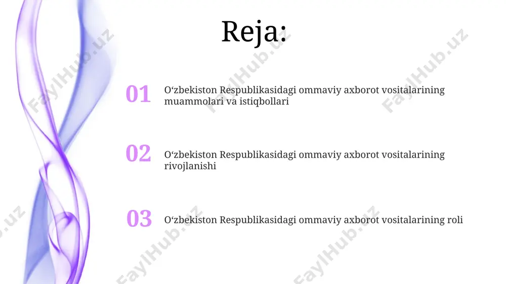 iyosati doirasida 50 dan ortiq ommaviy axborot vositalari, shu jumladan toshkent va viloyatlardagi radio va telekanallar faoliyat yuritmoqda. televideniye va radioeshittirish o'zbekiston bo'ylab 90% dan ortiq aholi “televideniye va radioeshittirish”ning tele va radio dasturlariga kirish imkoniyatiga ega, bu esa keng auditoriyani qamrab olishini ko'rsatadi. 2022-yilda "televideniye va radioeshittirish" raqamli efirga o'tish jarayonini yakunlab, mamlakatning barcha hududlarida, shu jumladan, qoraqalpog'iston respublikasida yuqori sifatli efirni ta'minladi. matbuotning hozirgi holati matbuotning 2023 yilgi holatini tahlil qilishda, toshkent shahridagi yirik nashrlarning 70% dan ortig'i raqamli platformalardan foydalanib, onlayn auditoriyani kengaytirmoqda. respublika miqyosida 500 dan ortiq ommaviy axborot vositalari faoliyat yuritmoqda, biroq ularning faqat 20%i mustaqil tahliliy maqolalar e'lon qilish imkoniyatiga ega. internet va ijtimoiy tarmoqlar facebook, instagram va telegram kabi ijtimoiy platformalar oʻzbekistonda 15-25 yosh oraligʻidagi yoshlar orasida keng tarqalgan boʻlib, ularning fikr-mulohazalarini shakllantirishda muhim rol oʻynaydi. oʻzbekistondagi internet foydalanuvchilar soni 2023 yilga kelib 20 milliondan oshdi, bu esa ijtimoiy tarmoqlarning taʼsirini yanada kuchaytirmoqda, …
