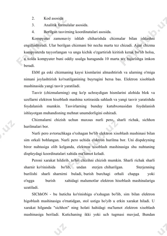 ki yoki uch tugmasi mavjud, bundan tashhari uning ostiga zuldir sharcha o'rnatilgan bo'lib, tekis satx ustiga sichhonchaning surilishi natijasida ana shu zuldir aylanadi, u esa o'z navbatida ekrandagi kursorni harakatlantiradi. sichhoncha bilan kursorni harakatlantirishdan tathari undagi tugmalar yordamida dastur ishini boshharish imkoniyatlari ham, mavjud. sichhonni stol sathida siljitib chizish, to'gri chizih, to'rtburchak, aylana va boshka tasvirlarni chizish mumkin. ehm yordamida turli mashinasozlik, aviatsiya, avtmobil detallari chizmasini konstruktsiyalashtirish grafigini chizish mumkin. ehm da loyihalashni avtomatlashtirish sistemasi hiskacha (sapr) deb aytiladi. 2. masalalarni echish algoritmlari masala: fazoda berilgan a (a1 a2 a3 ) nuhtaning o'zaro perpendikulyar bo'lgan π1, π2 va π3 perpendikulyar tekisligiga proektsiyalash keltirilgan. chizma 10 els screens 15 pi=3.14 20 line (30,20)-(80,60) 30 line (80,60)-(130,20) 40 line (30,60)-(80-110) 45 pset (30,-20), 8 46 pset (30-110), 8 pset (130-20), 8 48 circle (80-60), 50, 4 (270* p1 \ 180), 2* p1 masala: fazoda berilgan tugri chizik av (a1 v1), (a2 v2) …