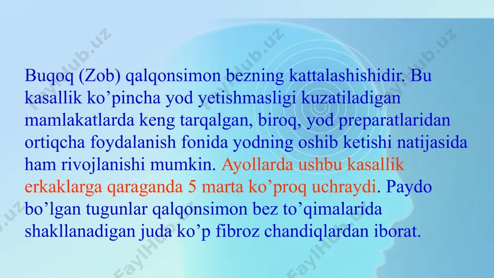 aroxat. periferik konida tireoid gormonlarga (tz va t4) karshi antitelalar ishlab chikariladi yoki yadro retseptorlarining kamaiishi natijasida tireoid gormonlarning ta'siriga periferik tukimalarda chidamaslik sodir buladi. 1.7.2013 11 ‹#› jsstning tadqiqotlariga ko’ra, o’tgan 10 yil mobaynida bolalarda buqoq shakllanishi 6% ga o’sdi va umumiy bolalar endokrin kasalliklarining chorak qismiga teng bo’ldi. bunday yuqori ko’rsatkichlar noto’g’ri ovqatlanish, shuningdek, salbiy ekologik sharoit bilan bog’liq. 30% holatlarda buqoq 14 yoshdan keyin tashxislanadi. endemik buqoq ta'sir spektri tireoid gormonlar mikdori oshganda tireoid gormonlar mikdori pasayganda usish, rivojlanish suyaklarning usishi pasayadi miyaning etukligi pasayadi energiya metabolizmi kislorod is'temol kilinishi - xujayra metabolizmini oshiradi metabolizm darajasini pasaytiradi oksil va uglevodlar metabolizmi oksil va glyukoza sintezini pasaytiradi yog metabolizmi xolesterin mikdorini oshiradi yurak-kon tomir tizimi tomir urish sonini kupaytiradi tomir urish sonini kamaytiradi mushaklar reflekslar kuchayadi, miopatiyalar yuz berishi mumkin reflekslar susayadi ruxiyat ortikcha kuzgaluvchanlik apatiya (befarklik) yod tanqisliligiga moslashish mexanizmlari yod tanqisliligiga va tiroid gormonlar miqdorining pasayishi …