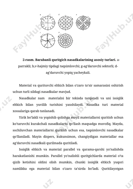 arta o’tishida nam material quritiladi. issiqlik eltkich kaloriferda qizdirilib, ventilyator yordamida qurilmaga uzatiladi. bu turdagi quritkichlarda issiqlik eltkich qisman retsirkulyatsiya qilinadi. nam material va issiqlik eltkich parallel yoki qarama – qarshi yonalishli bo’lishi mumkin. ko’pincha kalorifer va ventilyator quritkichning yoniga yoki tomiga o’rnatiladi. ishlatib bo’lingan xavo quvur orqali atmosferaga chiqarib yuboriladi. bu turdagi qurilmalarda, materialni aralashtirib bo’lmaydi va qurish bir tekisda emas; tunnelli quritkichlar o’lchami katta, donasimon materiallarni, sabzavot, meva, makaron va boshqa maxsulotlarni quritish uchun mo’ljallangan. quritkich kamchiliklari: quritish tezligi kichik, jarayon uzoq muddatda davom etadi va bir tekisda emas. lentali quritkichlar uzluksiz ishlaydigan quritkichlar qatoriga kiradi (5-rasm). nam material qurilmaning tepa qismidagi bunker orqali yuklanadi va konveyerning yuqori lentasiga tushadi. odatda, ikkita baraban orasiga tortilgan lenta teshikli bo’ladi va nam material uning ustida xarakatlanadi. lentaning ikkinchi uchiga etganda, material pastki konveyerga to’kiladi. eng pastki konveyerdan, quritilgan material chiqarish bunkeriga to’kiladi.3-расм. камерали қуриткич. 1 - қобиқ; 2 - вагонетка; …