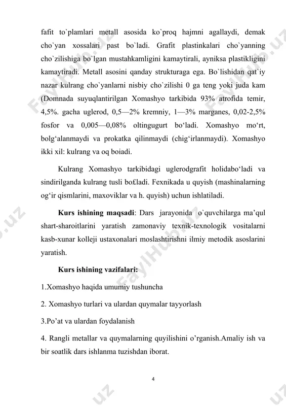 ir atomlari ham ugleroddagi diffuziya orqali ajraladi, bu ham o`z navbatida fafitni o`sishiga olib keladi. evtektoid temperaturasidagi pastdan fafitni ajralib chiqishi ham xuddi yuqorida ko`rilgan mexanizmiga bo`ysunadi, lekin bunda fafit ferrit-fafit chegarasidagi ferritdan fafitga qarab diffuziyalanadi va ferrit esa fafit fazasidan ajraladi.shunday qilib fazalar qayta taqsimlanib ferrit-fafit mexanik aralashmasini hosil qiladi. kulraig cho`yan umuman olganda temir, kremniy, uglerod uchlamchi sistemaga mansubdir, lekin bu elementlardan tashqari albatta marganes, fosfor va oltingugurt kabi qo`shimchalar bo`ladi. kulrang cho`yanlarga qarab hamma uglerod yoki uning aksariyatini ko`p qismi sof fafit holatida bo`ladi. kulrang cho`yanlarni strukturasini xarakterli tarafi shundan iboratki, fafit yoyilgan plastinkasimon, ko`ndalang kesimda chuvalchangsimon shaklda bo`ladi. kulrang cho`yanlarda uglerod miqdori qancha ko`p bo`lsa, uning shuncha mexanik xossalari past bo`ladi. shuning uchun amalda asosan evtektikadan oldingi (2,4- 3,8% c) cho`yanlar qo`llaniladi. umuman cho`yanlarda uglerod miqdori 3,8% oshmaydi. lekin agar cho`yanda uglerod miqdori 2,4% kam bo`lsa, uning suyuq holda oquvchanligi yomon bo`ladi. cho`yanni mexanik xossasi uning …