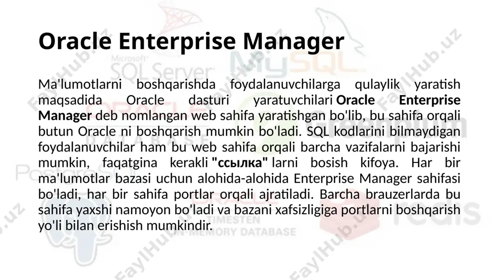 hqaruvchi fayllar joylashgan joy control files deb nomlangan ishga tushiruvchi fayl (initsializatsiya) parametrida aks etgan boʼladi. maʼlumotlar bazasini havsizligini saqlash uchun control file larni bir necha nusxada, diskning bir necha tomida saqlash tavsiya etiladi. operativ jurnal fayllari (online redo log files) oracle serveri tomonidan bajarilgan jarayonlar, soʼrov tranzaktsiyalari va bazaga kiritilgan barcha oʼzgarishlarhaqidagi maʼlumotlar shu fayllarda saqlanadi. bu fayllar orqali disk ishdan chiqganda, elektr energiyasi toʼsatdan oʼchib qolganda(albatta usb boʼlmasa) toʼliq bazani qayta tiklash mumkin. maʼlumotlarbazasini toʼliq qayta tiklashga kafolat boʼlishi uchun, operativ jurnal fayllarini multipleksorlash (nusxalash) lozim. jurnal fayllari bir necha guruhlarga boʼlinadi. guruhda bir hil turdagi jurnal faylarining nusxalari saqlanadi. har birnusxa guruh elementi(member) deyiladi. jurnalga yozish jarayoni (log writer-lgwr) maʼlumotlarni jurnal bufferidan jurnal guruhiga yozish tartibida boʼladi. jurnal guruhidagi fayllar toʼlgandan soʼng yoki oʼtish jarayoni sodir boʼlsa(switch logfile), lgwr jarayoni keyingi guruhga yozishni boshlaydi. jurnad guruhlariga yozish jarayoni aylana shaklida davom etadi. maʼlumot fayllari (data files) oracle …